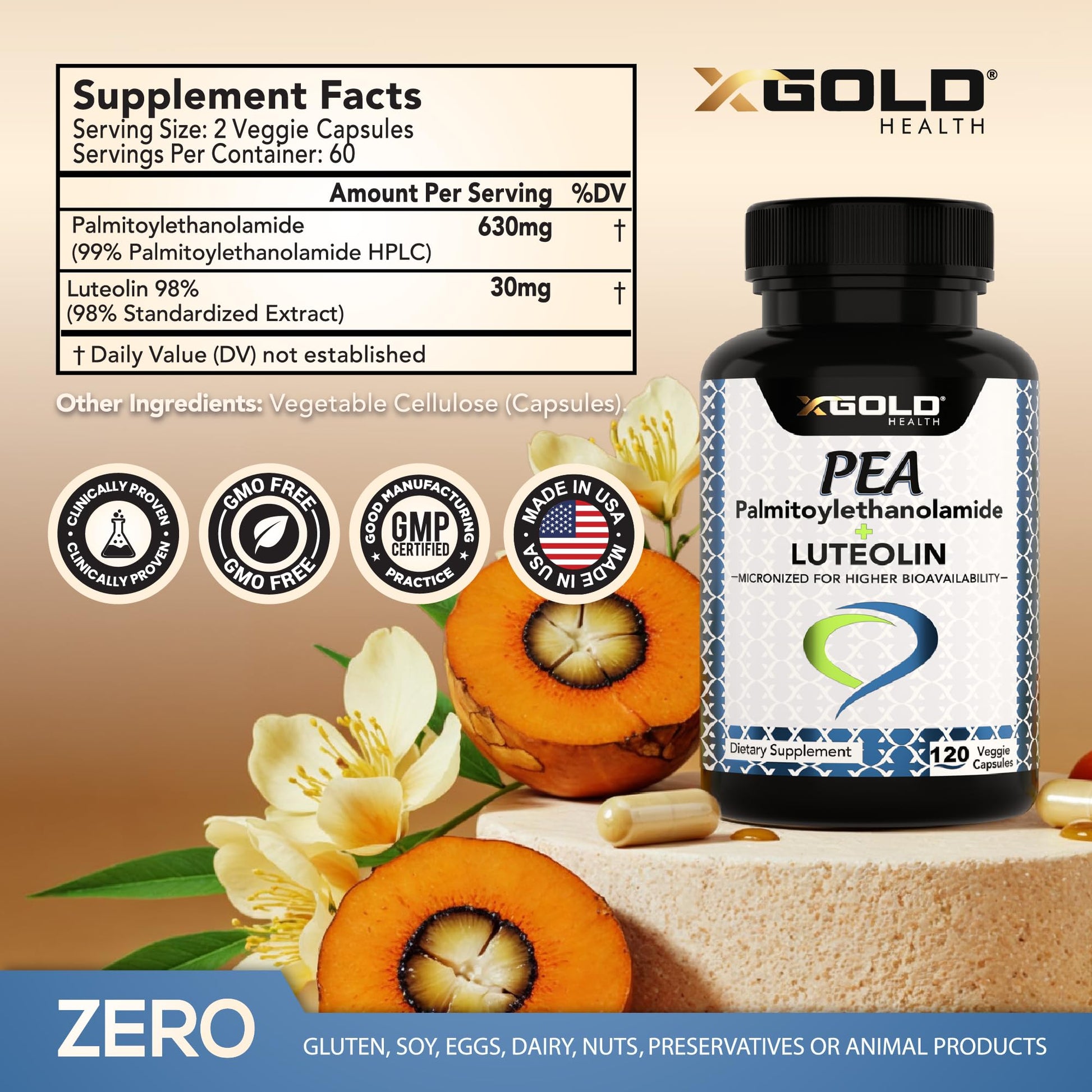 Palmitoylethanolamide 630 mg + Luteolin Standardized 98%- Micronized Pea 99% Highly Purified and Bioavailable - Made in USA - Supplement for Men and Women - 120 Veggie Capsules X Gold HealthBuy Supplements Australia