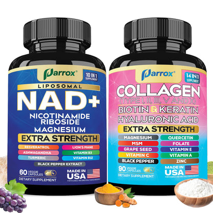 Parrox Forever Young Set with Liposomal NAD, Nicotinamide Riboside, Magnesium, Resveratrol, Lion's Mane, Collagen Peptides Types I, II, III, V and X, Biotin & Keratin, Hyaluronic Acid, Zinc, Quercetin ParroxBuy Supplements Australia