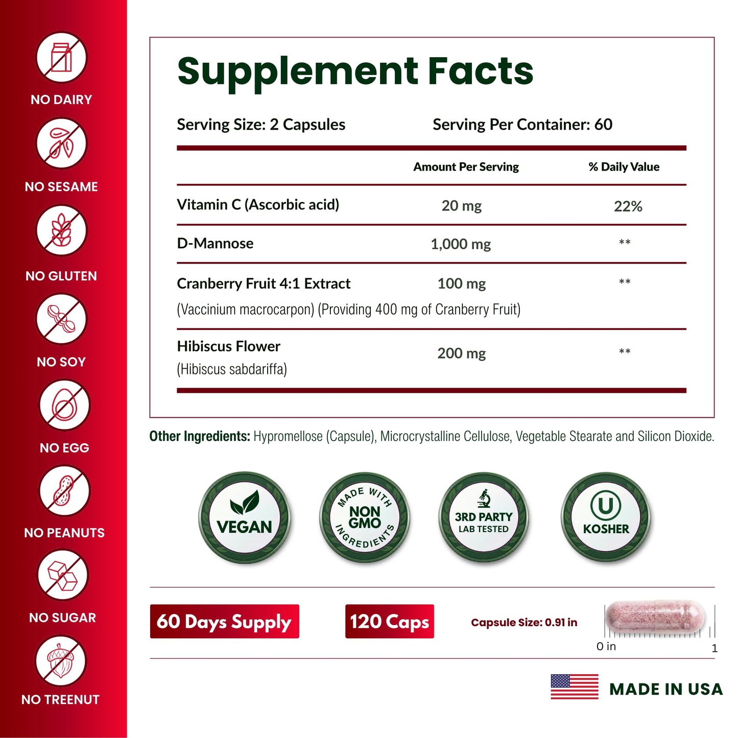ForestLeaf D Mannose Supplements for Women & Men - D-Mannose 1000mg Capsules with Cranberry, Hibiscus & VIT C - DMannose Pills for UTI
