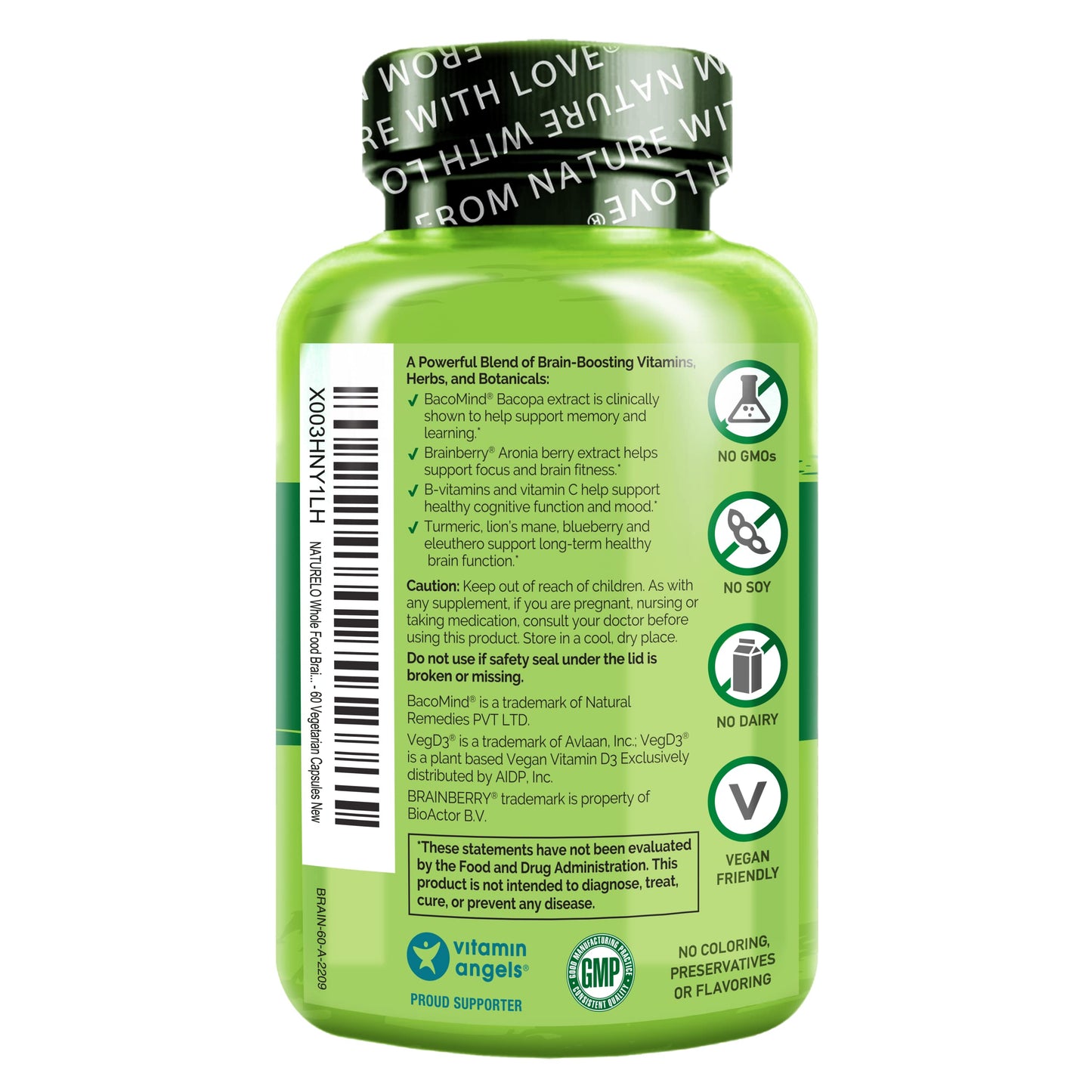 NATURELO Whole Food Brain Supplement - Brain Health Supplements for Memory & Focus Support - Enhance Brain Health Blend Supplement for Adults
