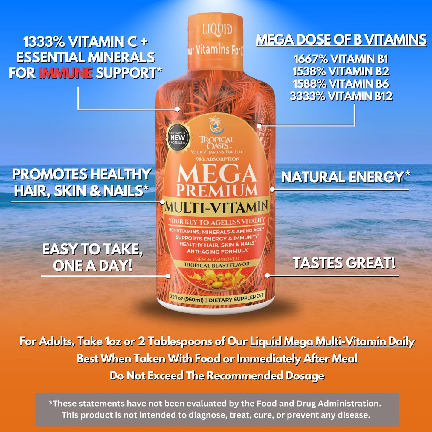 Mega Premium Liquid Multivitamin | Natural Immune Support Vitamin w/ 1333% Vitamin C, 200% D3, Zinc + 20 Vitamins, 70 Minerals, & 21 Amino Acids | Sugar Free | Orange Flavor | 98% Absorption | 32 Serv Tropical OasisBuy Supplements Australia
