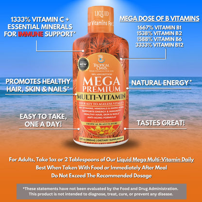 Mega Premium Liquid Multivitamin | Natural Immune Support Vitamin w/ 1333% Vitamin C, 200% D3, Zinc + 20 Vitamins, 70 Minerals, & 21 Amino Acids | Sugar Free | Orange Flavor | 98% Absorption | 32 Serv Tropical OasisBuy Supplements Australia