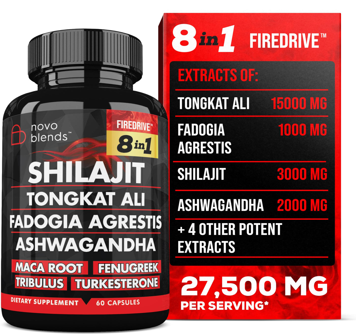Shilajit 3000mg Tongkat Ali 15,000mg Fadogia Agrestis 1000mg Maca Root 2000mg Ashwagandha 4000mg Fenugreek 1500mg Tribulus Terrestris 500mg Turkesterone 500mg, 8-in-1 Supplement Blend for Men Novo BlendsBuy Supplements Australia