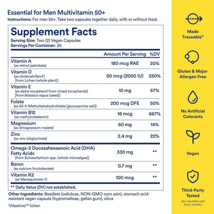 Ritual Multivitamin for Men 50+, Vegan, with Zinc, Vitamin A and D3 for Immune Function Support*, Omega-3 DHA, B12, K2 RitualBuy Supplements Australia