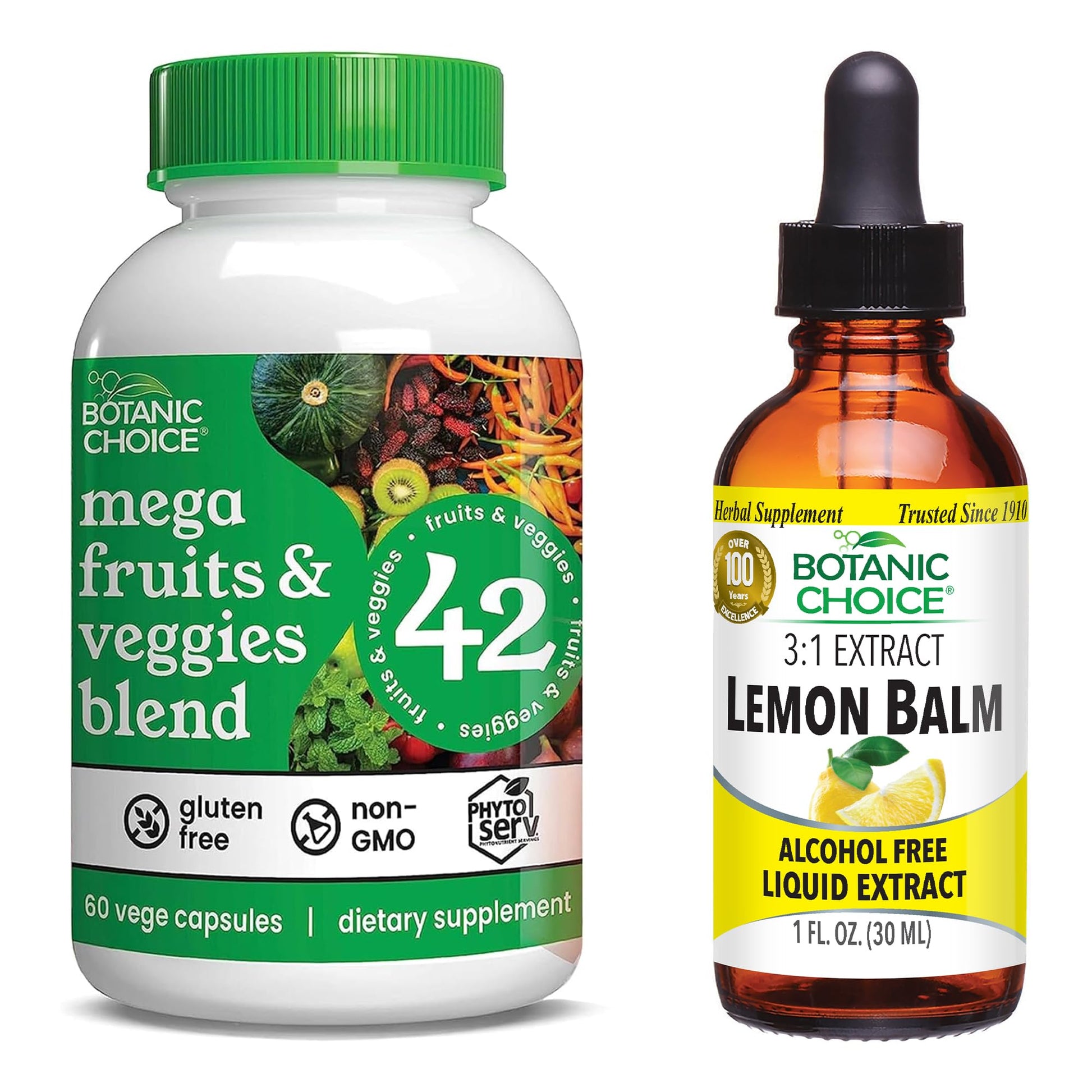 Botanic Choice Mega Fruits and Veggies Blend (60 Capsules) + Lemon Balm Tincture (1 fl oz) Bundle - Energy Balance & Superfood Supplement + Relaxation and Sleep Support Botanic ChoiceBuy Supplements Australia