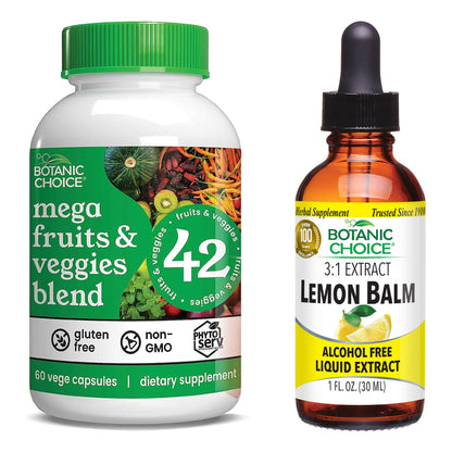 Botanic Choice Mega Fruits and Veggies Blend (60 Capsules) + Lemon Balm Tincture (1 fl oz) Bundle - Energy Balance & Superfood Supplement + Relaxation and Sleep Support Botanic ChoiceBuy Supplements Australia
