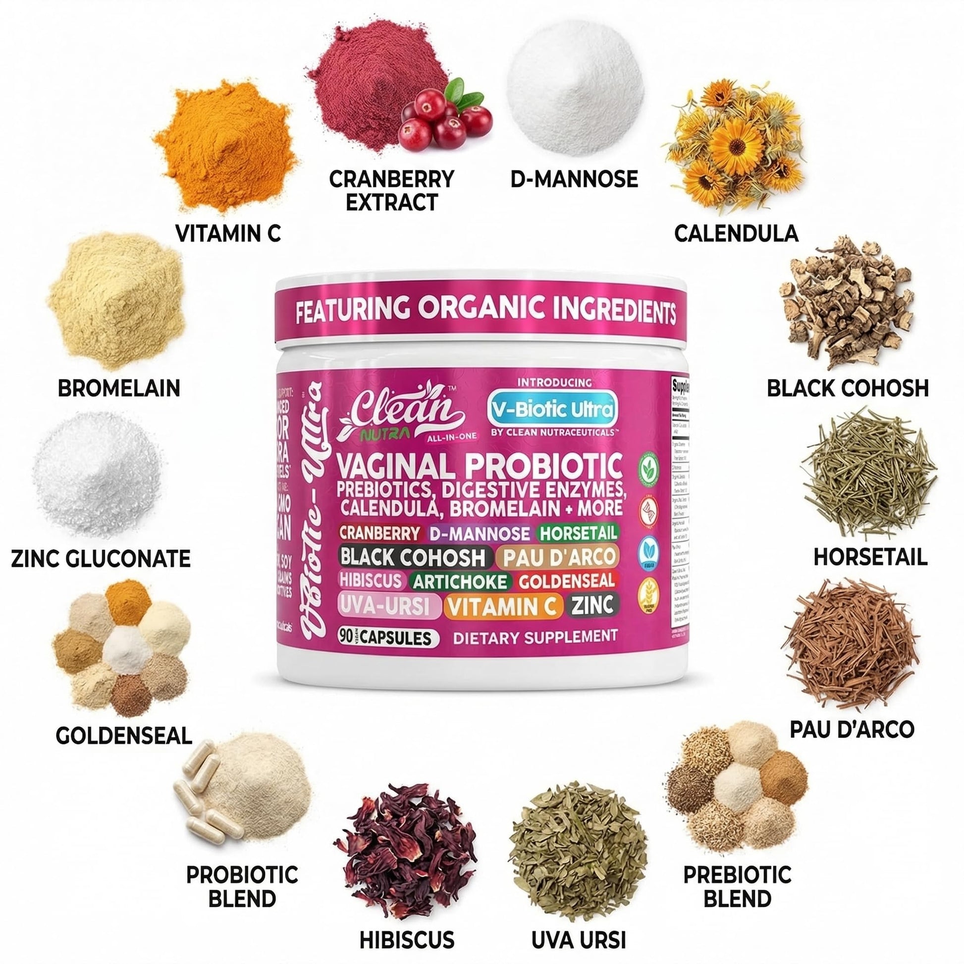 Clean Nutra Vaginal Probiotics for Women + Prebiotics Digestive Enzymes Bromelain Cranberry D Mannose Horsetail Black Cohosh Artichoke Hibiscus Flowers Probiotic for Digestive Health 90 Vegan Capsules Clean NutraceuticalsBuy Supplements Australia