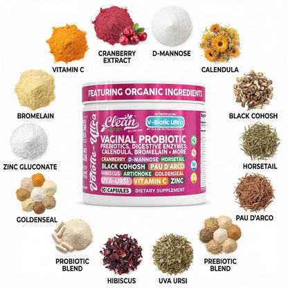 Clean Nutra Vaginal Probiotics for Women + Prebiotics Digestive Enzymes Bromelain Cranberry D Mannose Horsetail Black Cohosh Artichoke Hibiscus Flowers Probiotic for Digestive Health 90 Vegan Capsules Clean NutraceuticalsBuy Supplements Australia