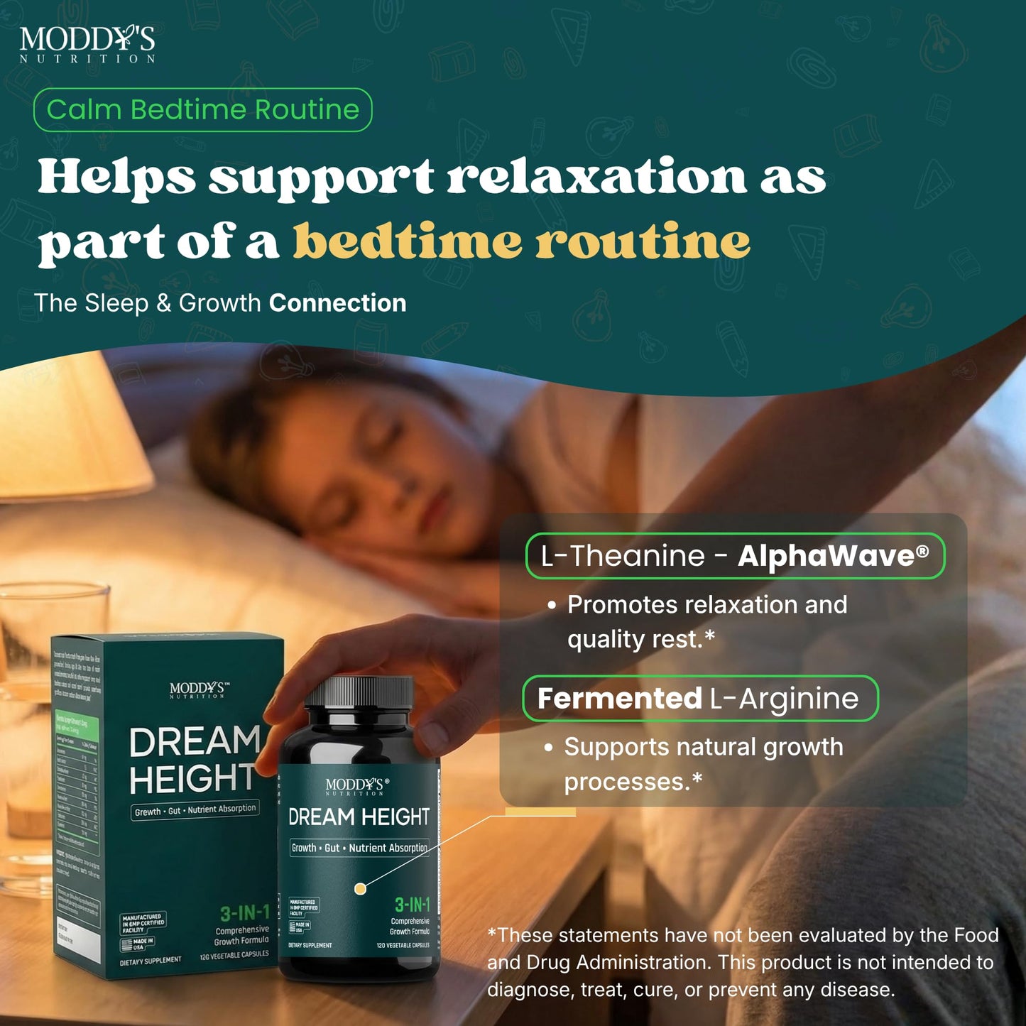 Moddy's Nutrition DreamHeight Growth Supplement for Kids & Teens, Bone, Immune & Sleep Support, Clinically Studied Formula, 120 Small Easy-to-Swallow Capsules Moddy's NutritionBuy Supplements Australia