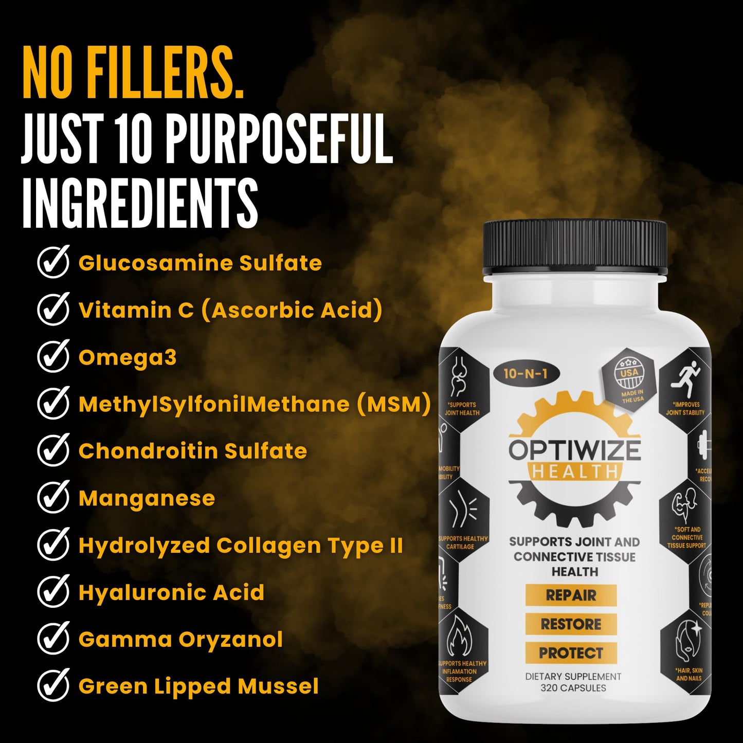 OptiWize 10-N-1 Joint Support Hydrolyzed Collagen,MSM, Hyaluronic Acid, Glucosamine,Chondroitin & More- Targets Joint Discomfort,