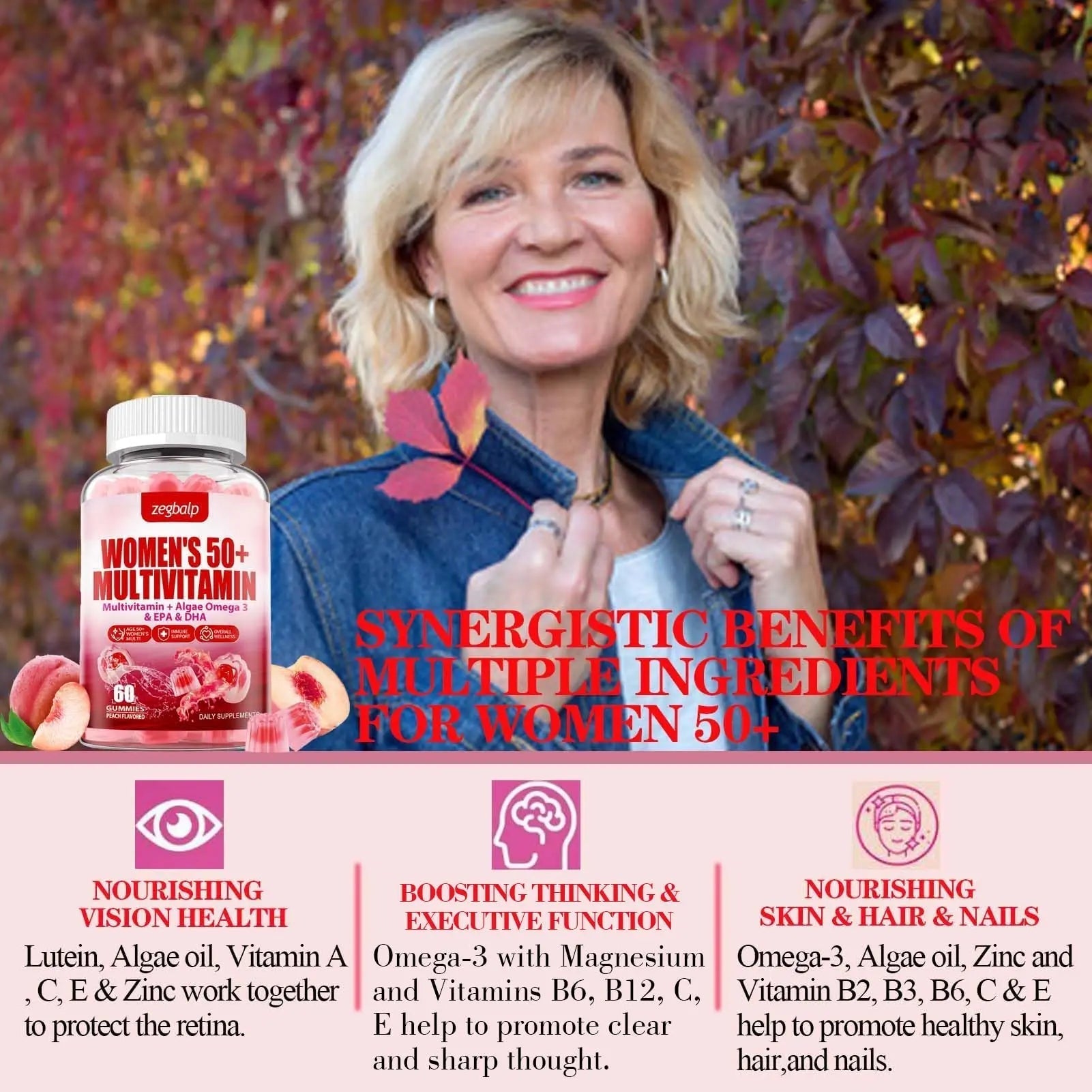ZEGBALP Sugar-Free Womens Multivitamin 50 Plus Gummies with Calcium, Magnesium, Zinc, Vitamin A, C, D3, E, K2, B Complex, Folate, Biotin ZEGBALP