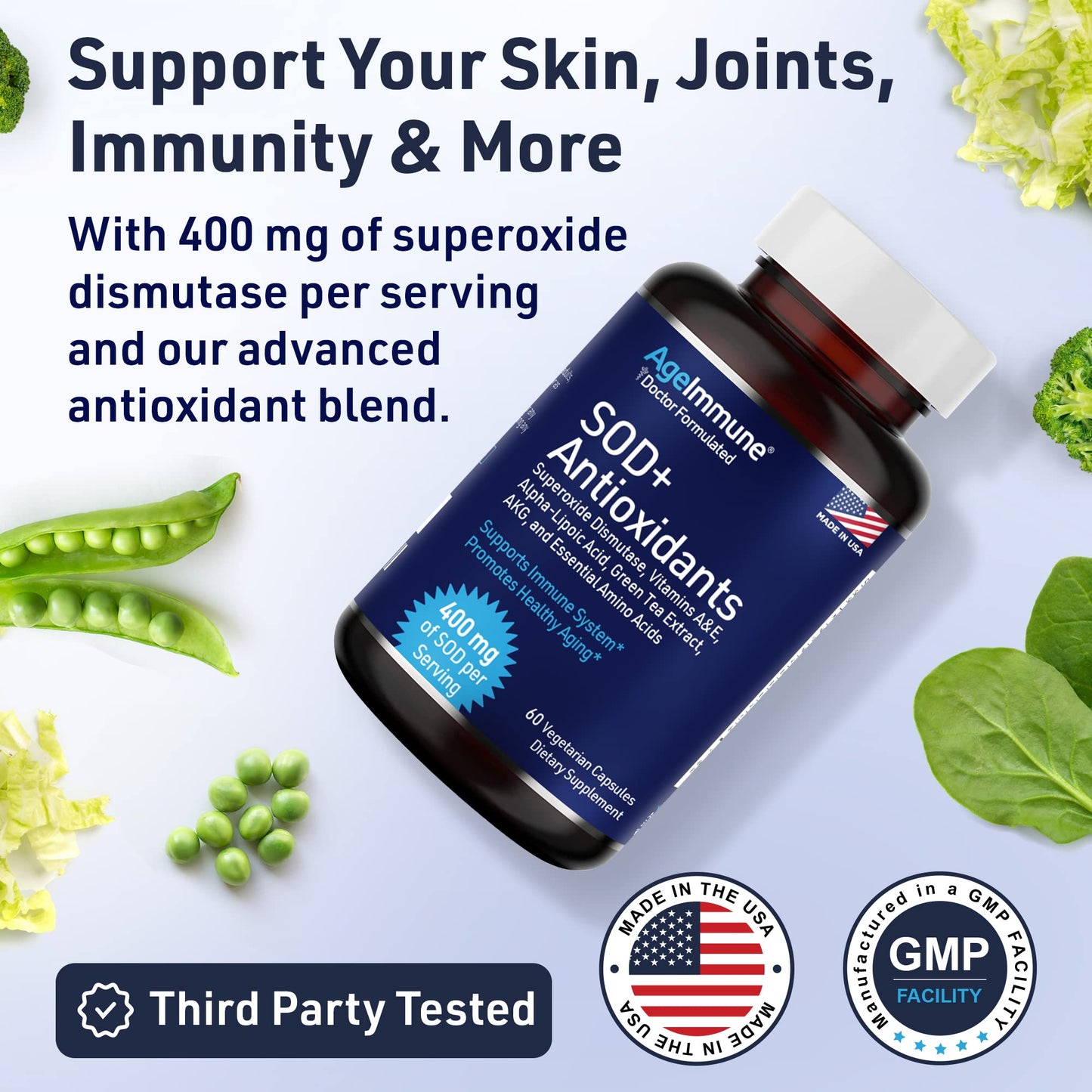 SOD Antioxidants Complex Healthy Aging Supplement - 400mg of Superoxide Dismutase - Alpha Lipoic Acid - L-Arginine -Lysine - AKG - Vitamin A - Vitamin E for Immune Support-60 Capsules AgeImmuneBuy Supplements Australia