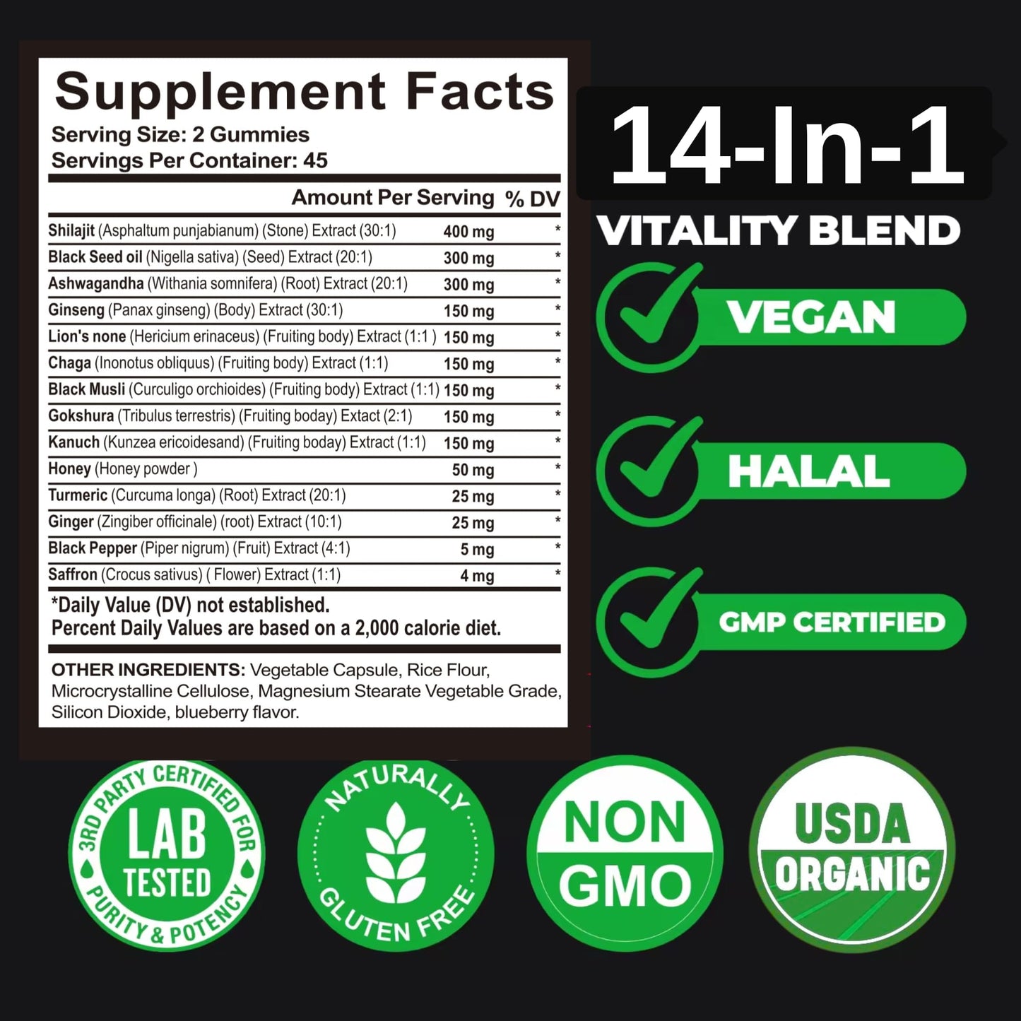 AyBet Organic Himalayan Shilajit Gold Gummies for Men and Women, Black Seed Oil, Ashwagandha, Ginseng, Turmeric, Gokshura, Lion's None, Lab Tested,%75 Fulvic Acid, No Sugar Added, Halal, 90Gummy AyBetBuy Supplements Australia