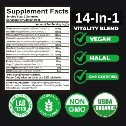 AyBet Organic Himalayan Shilajit Gold Gummies for Men and Women, Black Seed Oil, Ashwagandha, Ginseng, Turmeric, Gokshura, Lion's None, Lab Tested,%75 Fulvic Acid, No Sugar Added, Halal, 90Gummy AyBetBuy Supplements Australia