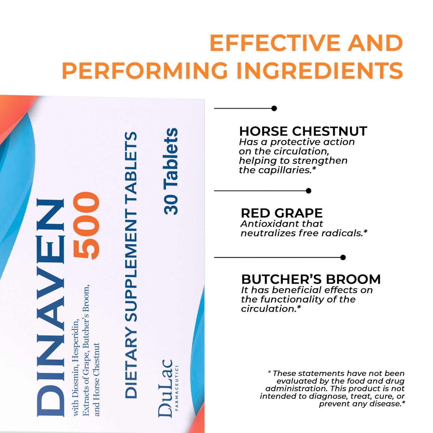 Dulac Dinaven 500, Micronized Diosmin Hesperidin Dietary Supplement 1000mg per serving, Horse Chestnut Extract, Butcher’s Broom & Red Grape Extract, Leg Circulation Support, 30 Tablets, Made in Italy DULÀC FARMACEUTICI 1982Buy Supplements Australia