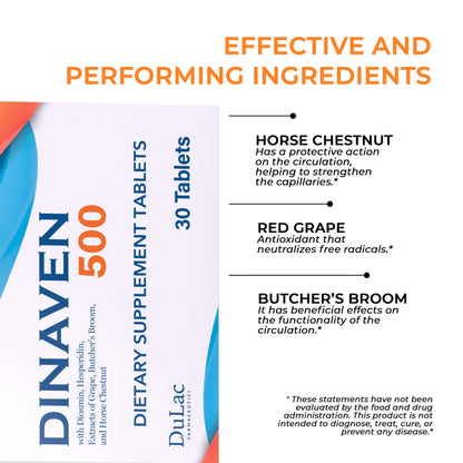 Dulac Dinaven 500, Micronized Diosmin Hesperidin Dietary Supplement 1000mg per serving, Horse Chestnut Extract, Butcher’s Broom & Red Grape Extract, Leg Circulation Support, 30 Tablets, Made in Italy DULÀC FARMACEUTICI 1982Buy Supplements Australia