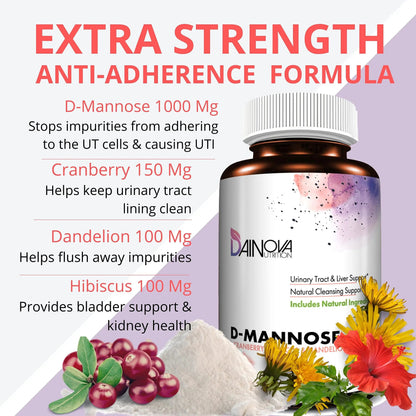 Dainova D Mannose 1350mg with Cranberry I D-Mannose Capsules for UTI Prevention, Urinary Tract Support, Urinary Tract Health for Women, & Cleanse. W/Hibiscus & Dandelion, 120 Veggie Capsules Dainova NutritionBuy Supplements Australia