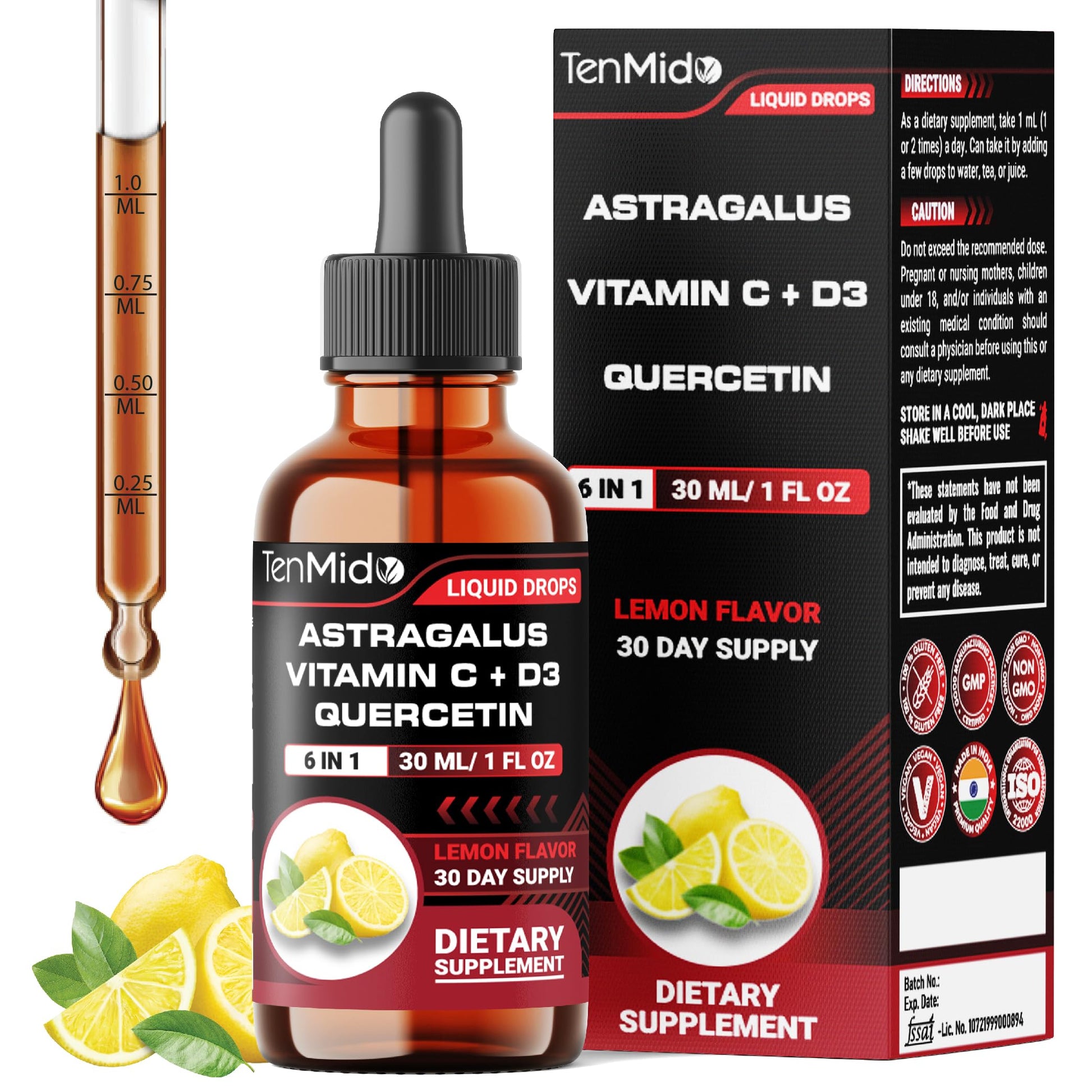 Tenmido 6-in-1 Astragalus Root Tincture - Herbal Extract Supplements with Quercetin, Rhodiola Rosea, Vitamin D3, Vitamin C, and Zinc - Vegan, Non-GMO - 30ml 1 Fl Oz TenmidoBuy Supplements Australia