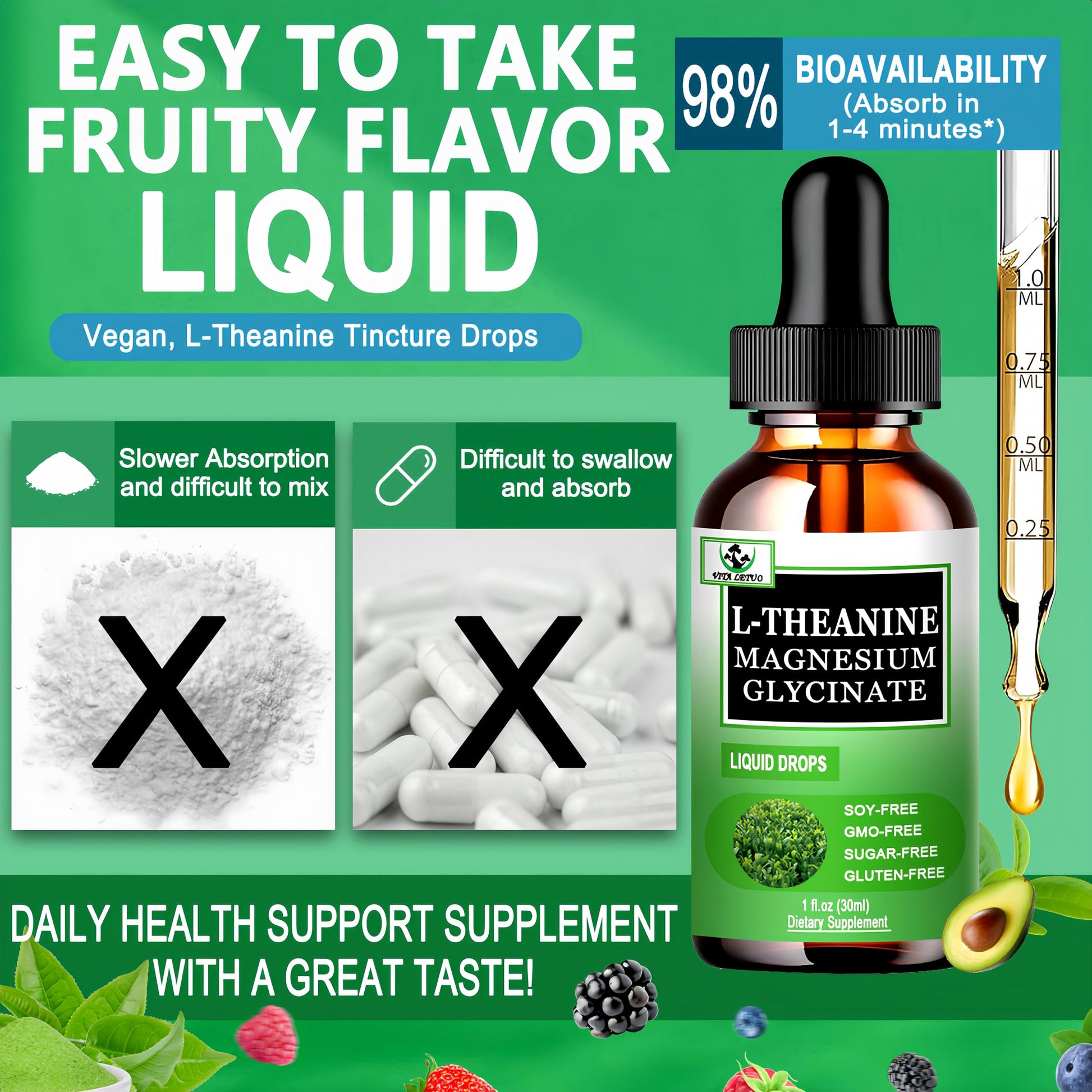 L Theanine Drops, Liquid L-Theanine Supplement 200mg w/Magnesium Glycinate,Vitamins,Fiber for Relaxation,Sleep,Digestion, Calm,High Absorption Mood Support for Adults & Kids,Plant Based,Non-GMO Vita letuoBuy Supplements Australia