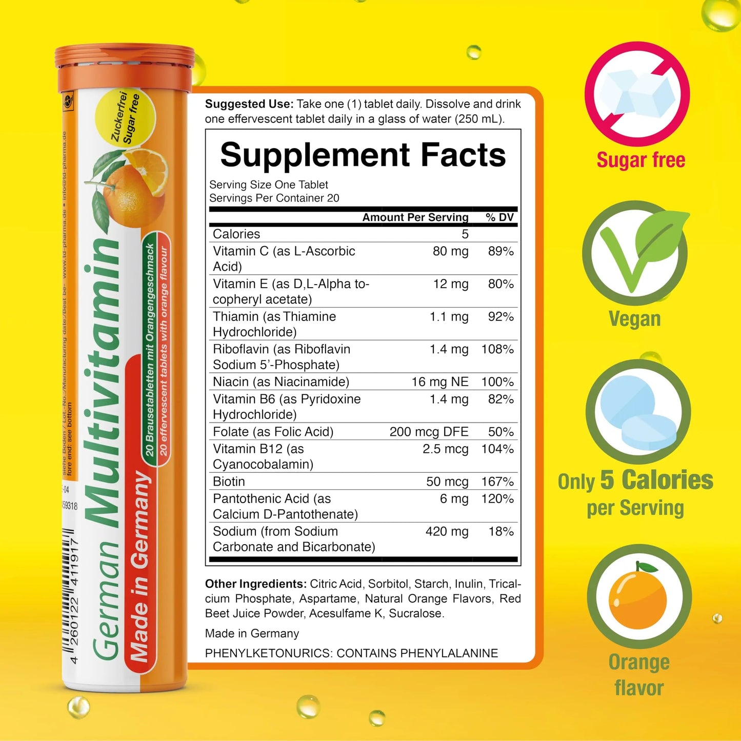 T&D German Multvitamin 10 Vitamins - 40 Vegan Drink Effervescent Tablets - Orange Flavor T&D