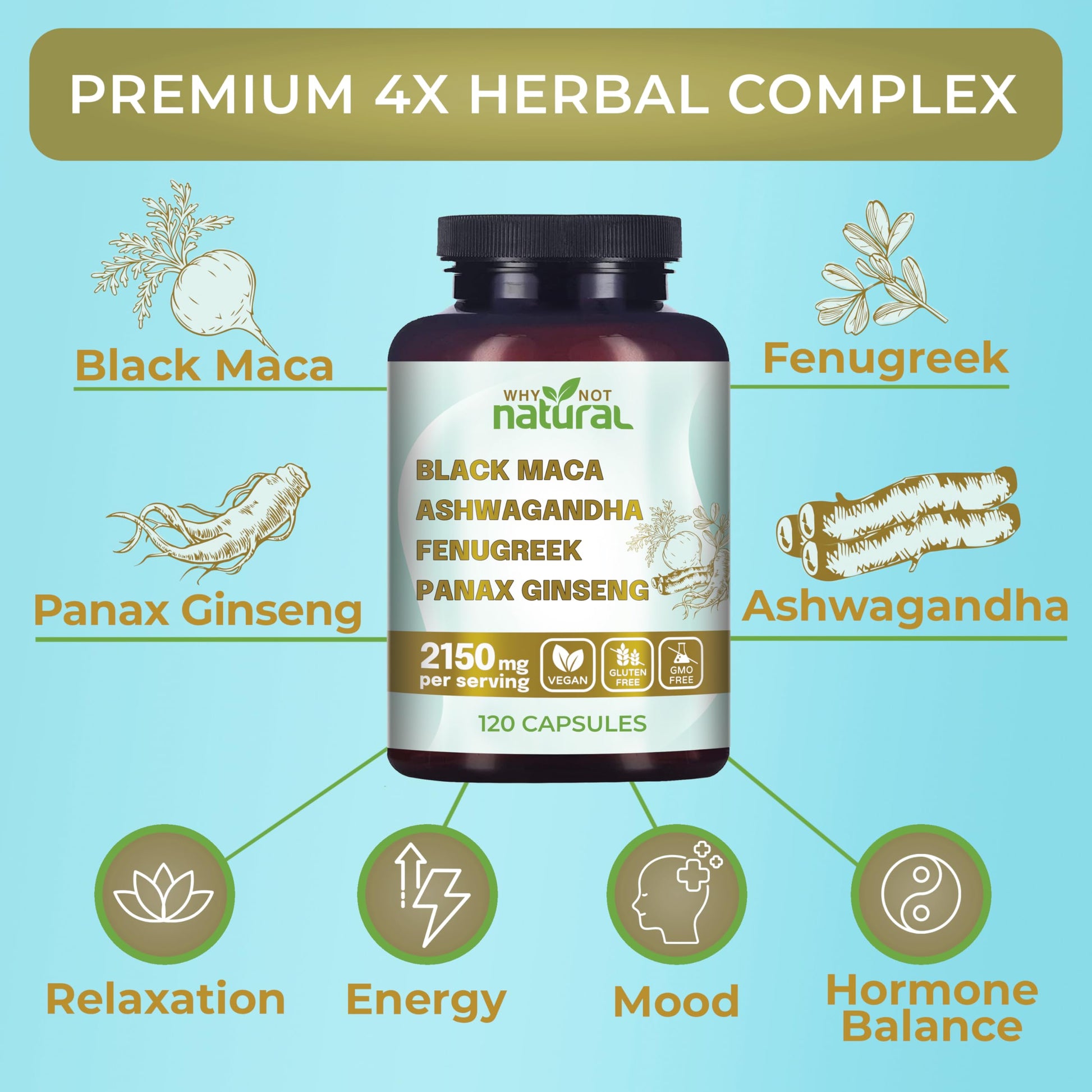 Why Not Natural 4-in-1 Organic Black Maca Root, Ashwagandha, Fenugreek, Panax Ginseng Capsules, Supplement for Men and Women (120 Count (Pack of 1) Why Not NaturalBuy Supplements Australia