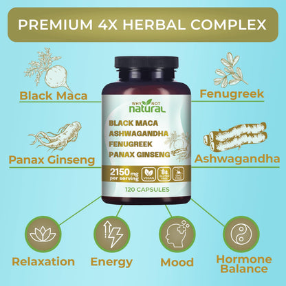 Why Not Natural 4-in-1 Organic Black Maca Root, Ashwagandha, Fenugreek, Panax Ginseng Capsules, Supplement for Men and Women (120 Count (Pack of 1) Why Not NaturalBuy Supplements Australia