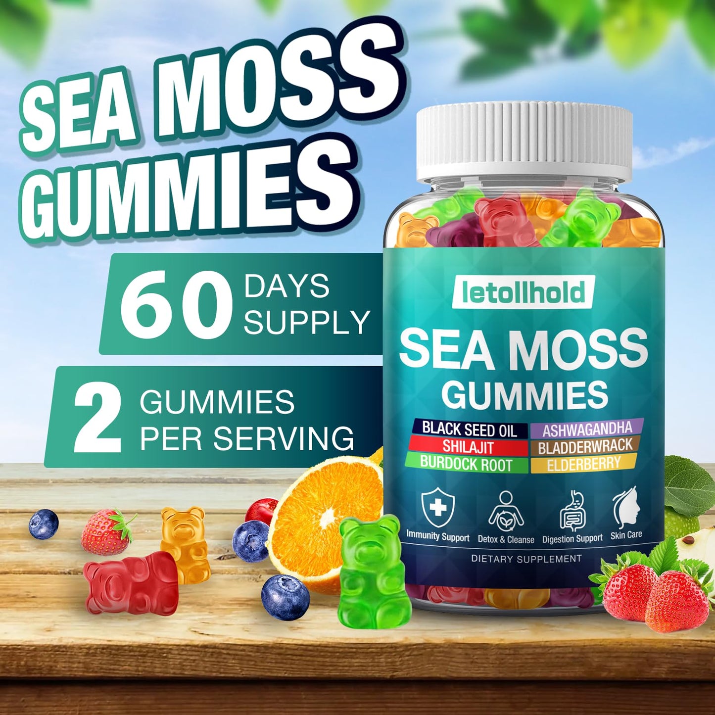 Sea Moss Gummies - Irish Sea Moss Gummies Advanced for Adults with Ashwagandha Bladderwrack & Burdock Root for Supports Immune，Energy - 60 Vegan Gummy,2PCS letollholdBuy Supplements Australia