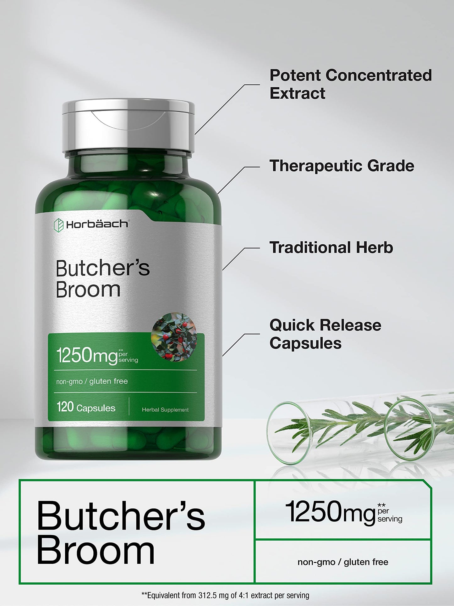 Butchers Broom Capsules 1250mg | 120 Count | Non-GMO, Gluten Free | Traditional Herb HorbäachBuy Supplements Australia