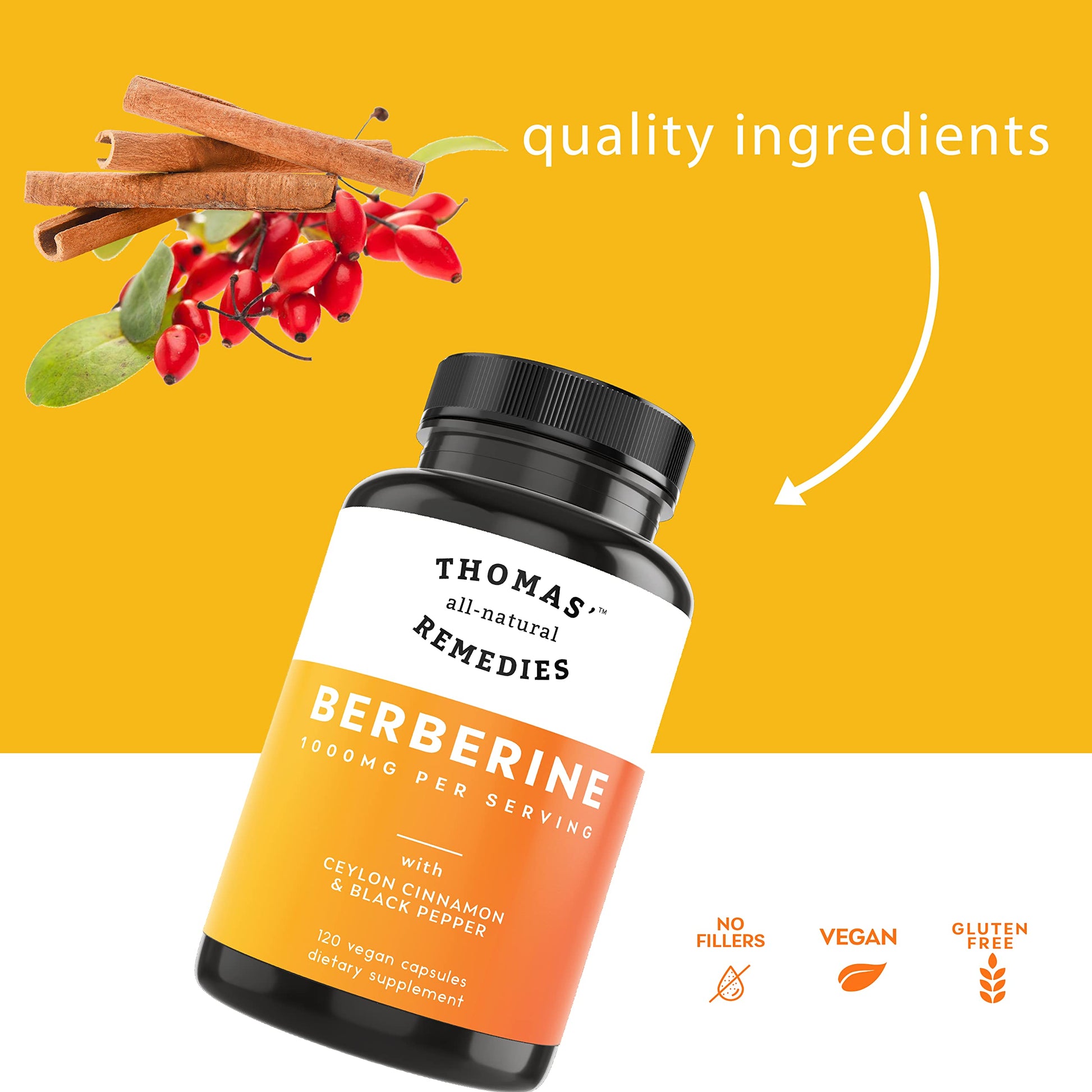 Thomas' all-natural Remedies Berberine 500mg (1000mg Per Serving)- 120 Vegan Capsules Thomas' all-natural RemediesBuy Supplements Australia