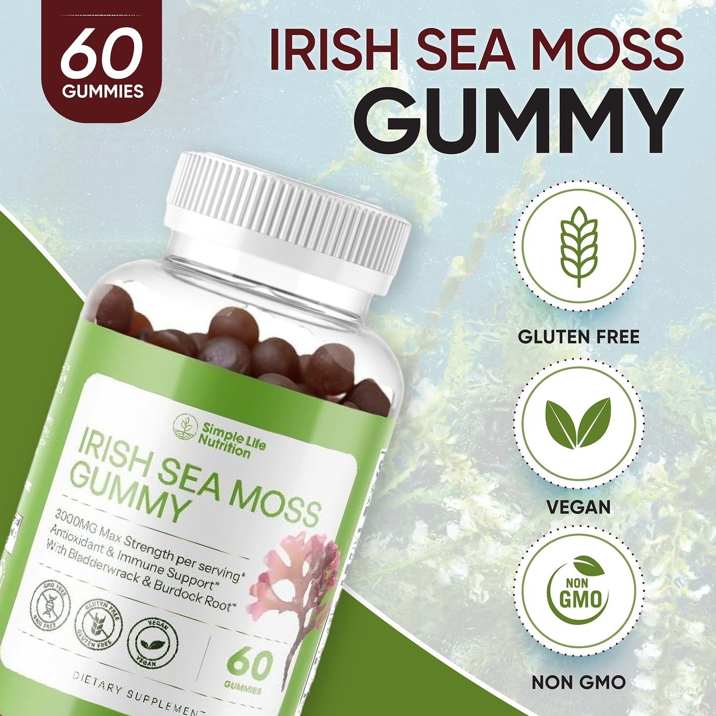 Simple Life Nutrition Organic Irish Sea Moss Gummies - Burdock Root and Bladderwrack Natural Blend - Immune System Gut Cleanse & Thyroid Supplement - Skin and Nail Health - 60CT Simple Life NutritionBuy Supplements Australia
