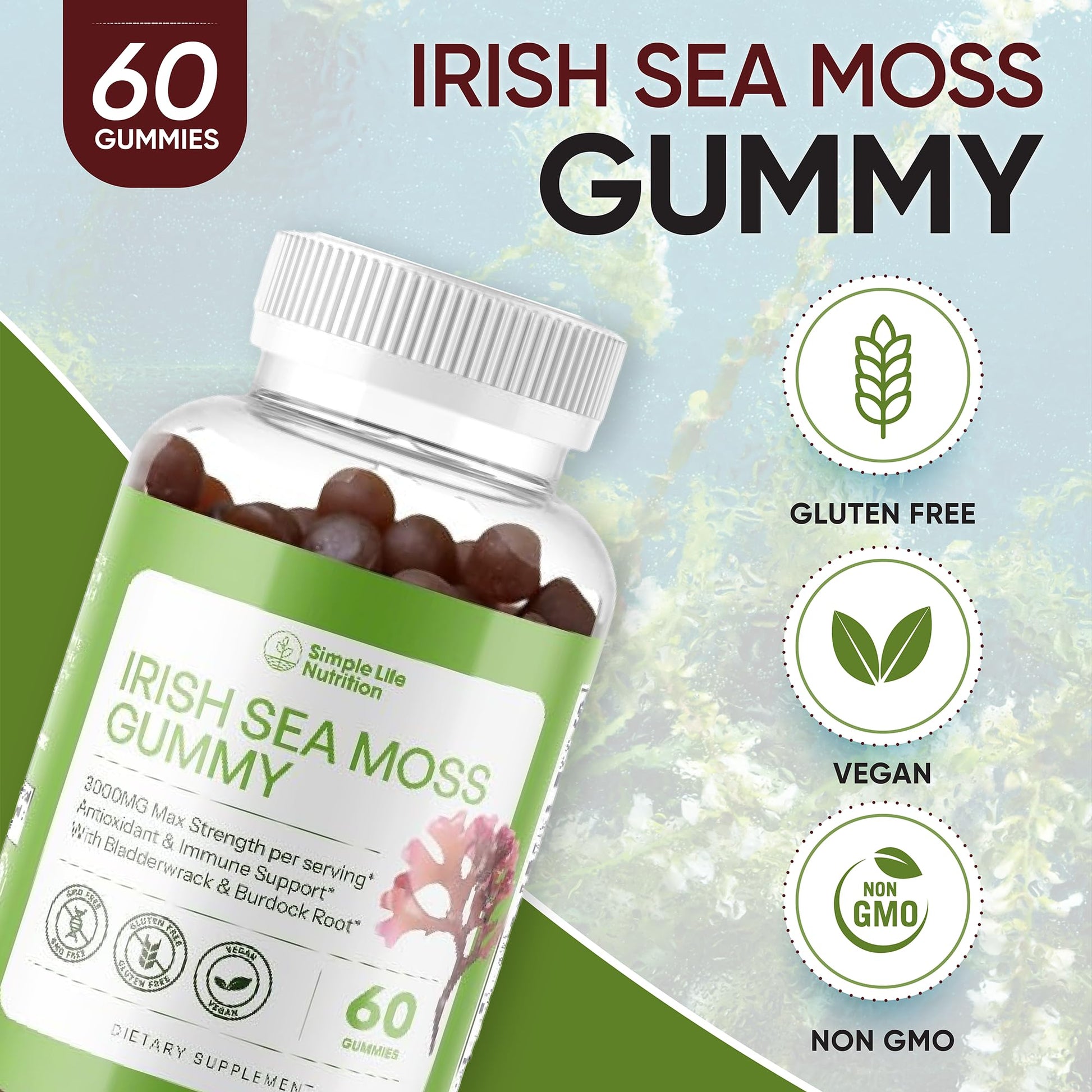 Simple Life Nutrition Organic Irish Sea Moss Gummies - Burdock Root and Bladderwrack Natural Blend - Immune System Gut Cleanse & Thyroid Supplement - Skin and Nail Health - 60CT Simple Life NutritionBuy Supplements Australia