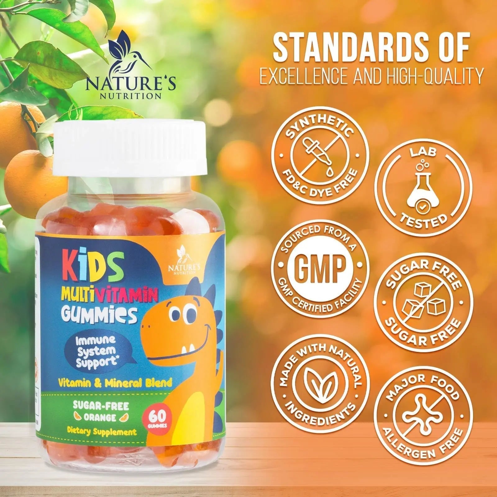 Kids Multivitamin Gummies - Improved Sugar-Free Formula - 100% Daily Folate, Kids Vitamins with Essential Vitamins A, C, D3, E, B6, B12 Nature's Nutrition