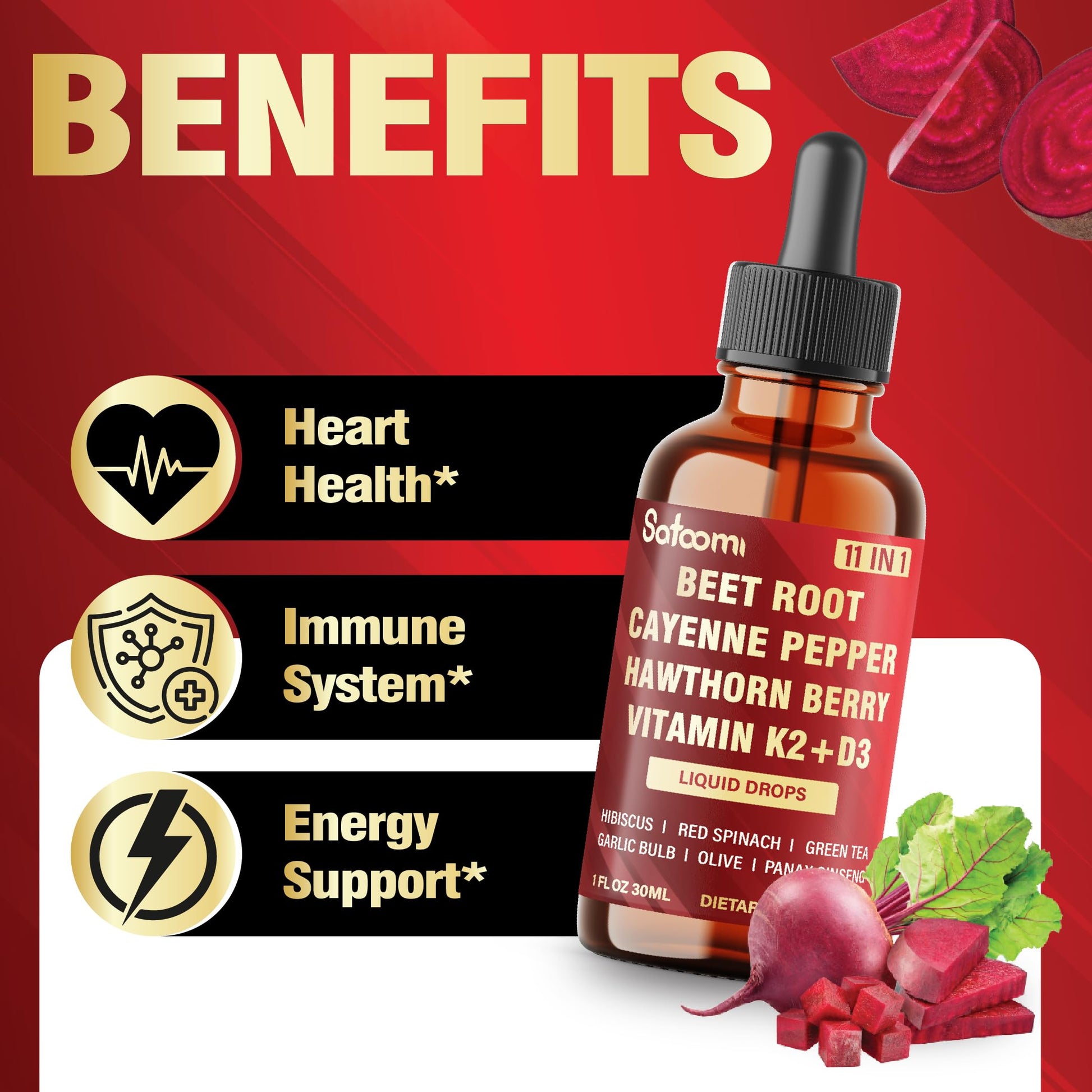 11in1 Beet Root Liquid Drops Supplement with Formula with D3, K2, Hawthorn, Red Spinach, Garlic & Green Tea and More - Supports Immune & Vitality - 1 FL Oz - for 60 Days SatoomiBuy Supplements Australia