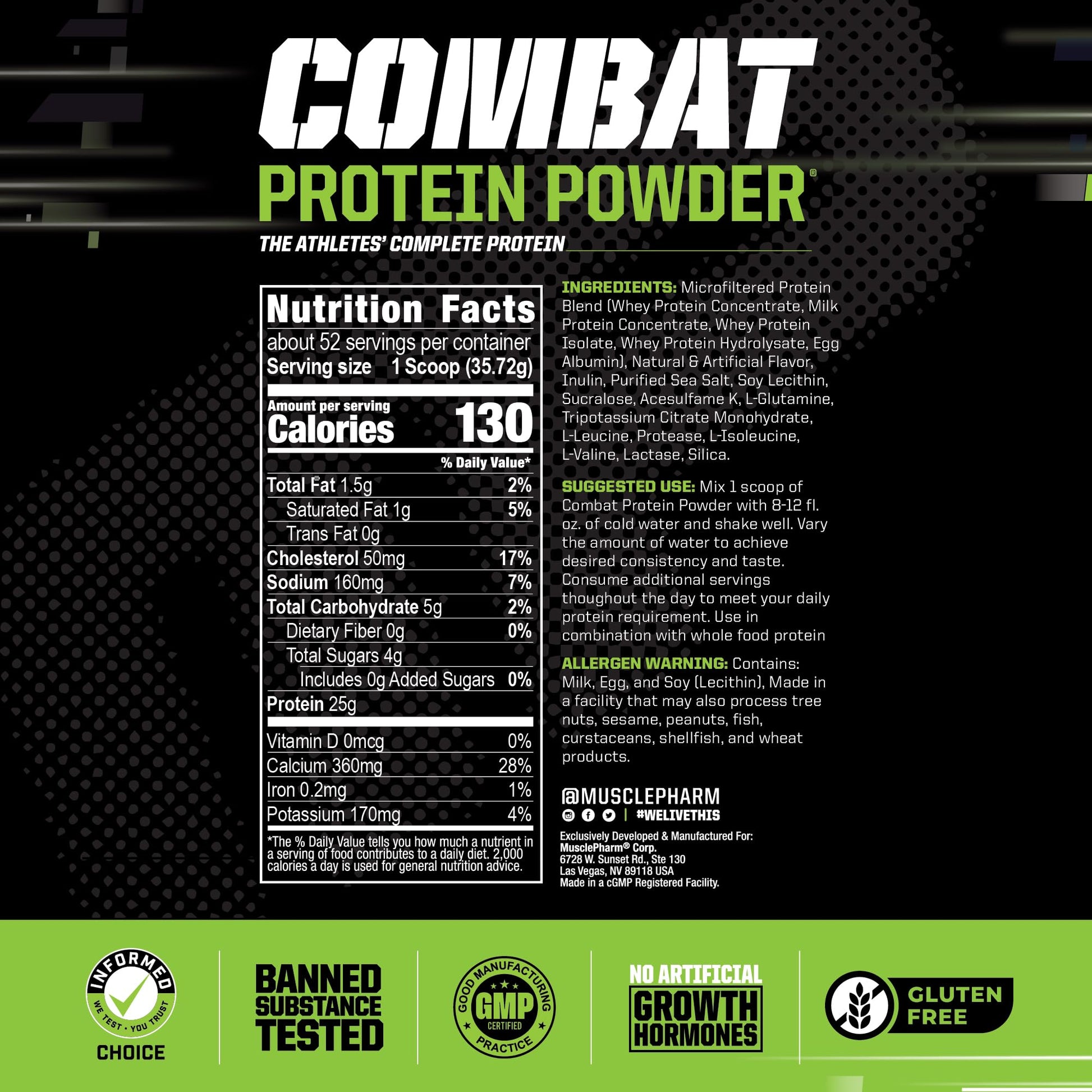 MusclePharm Combat Protein Powder, Banana Cream - 4 lb - Gluten Free - 52 Servings Muscle PharmBuy Supplements Australia