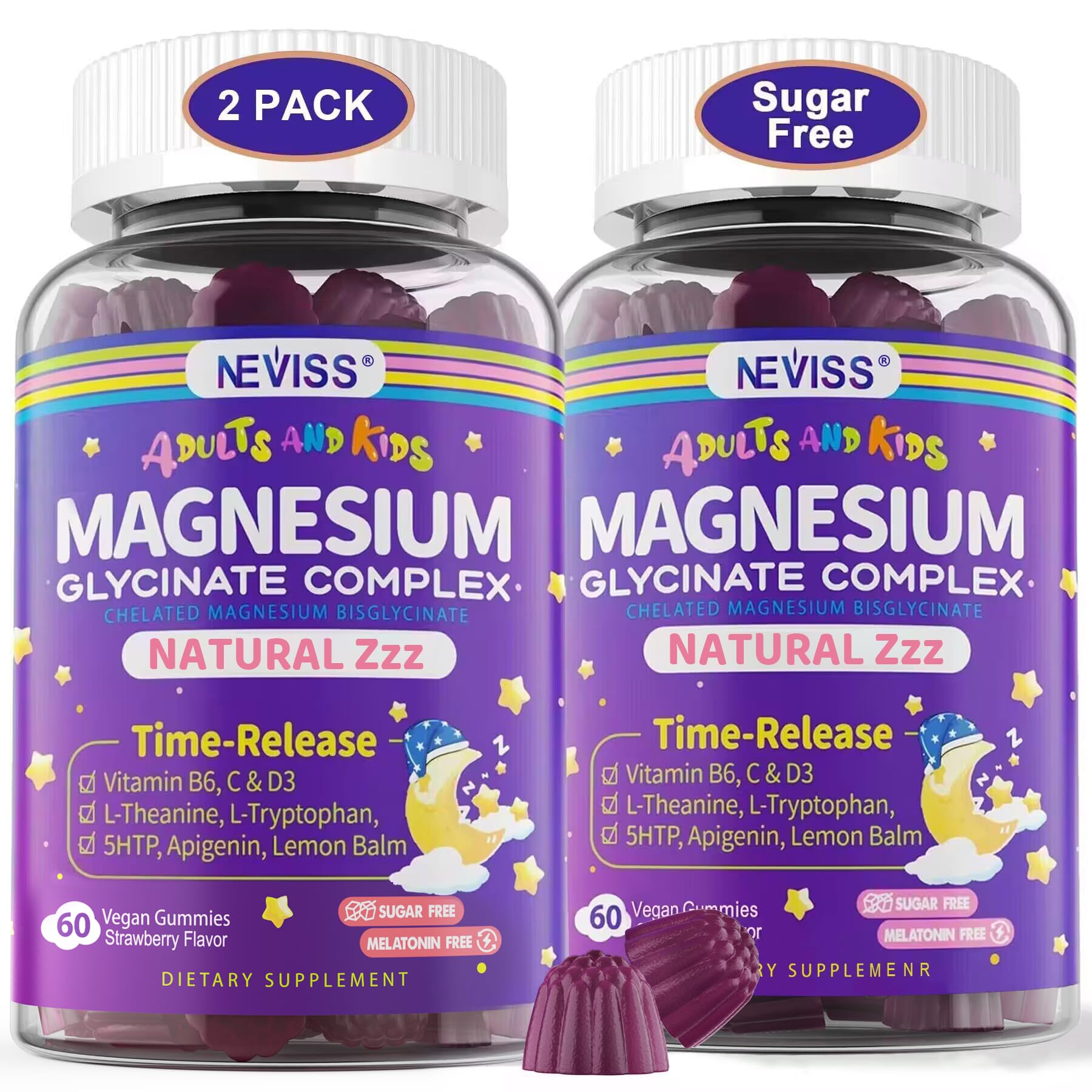 Magnesium Glycinate Gummies for Adults & Kids 4+, Sugar Free Magnesium Bisglycinate Supplement 400/200mg with B6D3, 5HTP, L-Theanine for Sleep & Relaxation, Brain, Muscle, Melatonin Free Gummies,2Pack NEVISSBuy Supplements Australia