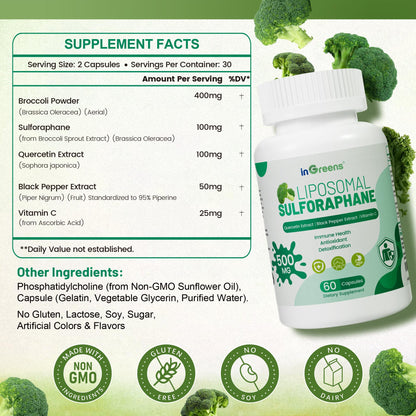 Liposomal Sulforaphane 500mg Supplement from Broccoli Extract with Quercetin, Black Pepper & Vitamin C – Antioxidant, Detox & Cellular Support, Cellular Health Formula for Men & Women, 60 Capsules inGreensBuy Supplements Australia