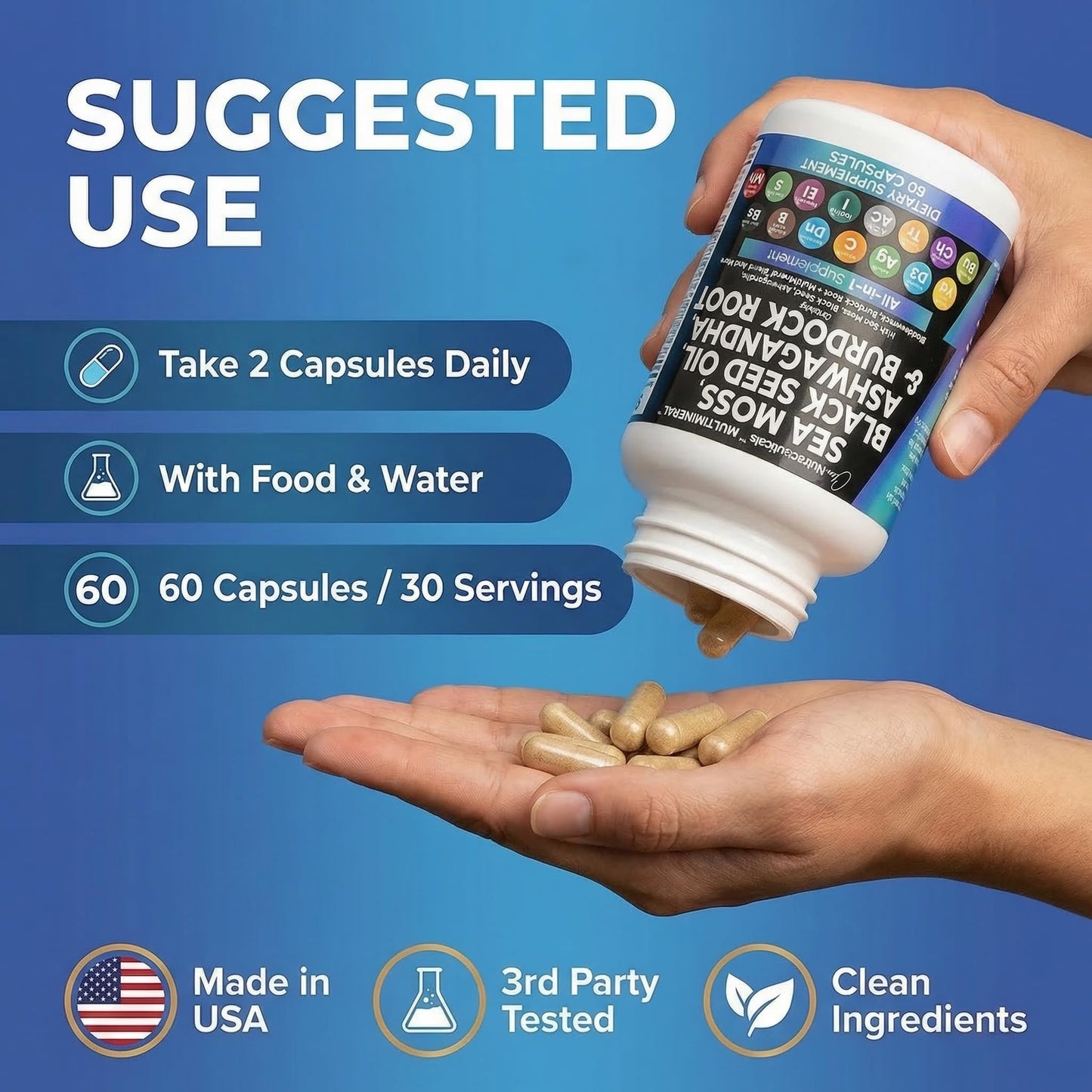 Clean Nutraceuticals Sea Moss Black Seed Oil Ashwagandha Turmeric Bladderwrack Burdock & Vitamin C Vitamin D3 with Elderberry