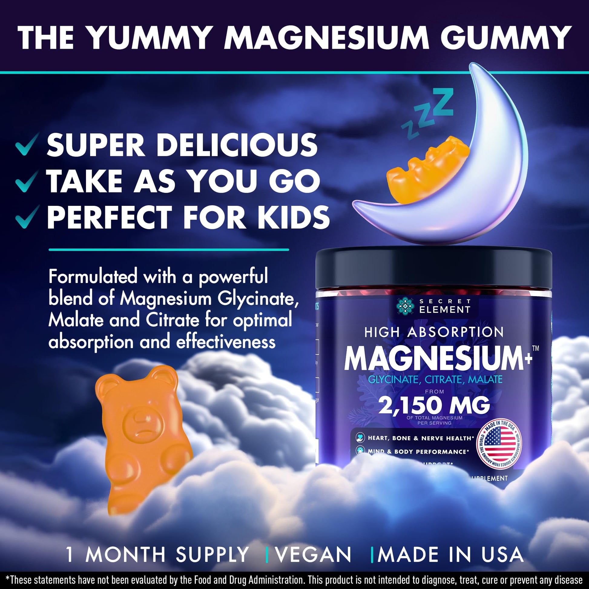 Magnesium Glycinate 2150MG Gummies for Women and Men, High Absorption Magnesium Glycinate, Citrate, Malate Gummies for Adults & Kids, Sleep Support, Sugar Free, Vegan, 60 Chews, Orange Secret ElementBuy Supplements Australia