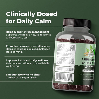 Ashwagandha Calm & Relax Gummies with Vitamin B6, Lemon Balm, GABA & L-Glutamine – 60 Gummies – Red Berries Flavor – Improve Sleep, Stress Relief & Mood – Vegan, Gluten-Free, Non-GMO Amazing BotanicalsBuy Supplements Australia
