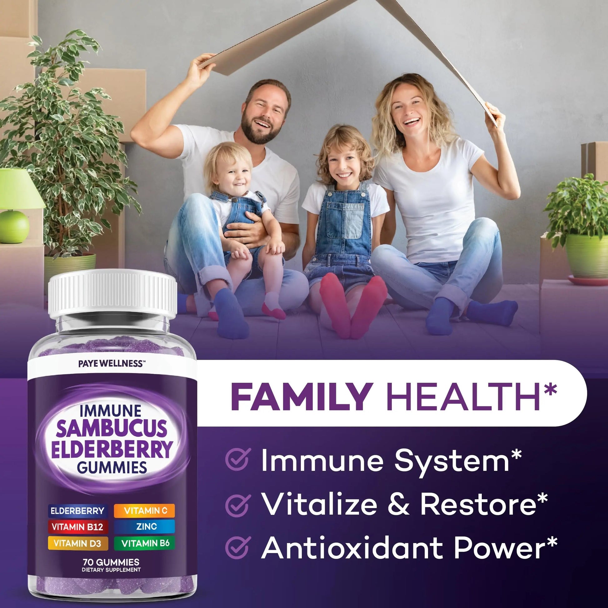 Elderberry Gummies Immune Support, Daily Support for Kids and Adults*, with Sambucus Elderberry, Zinc, Vitamin C, D3, B6, B12, Plus PAYÉBuy Supplements Australia