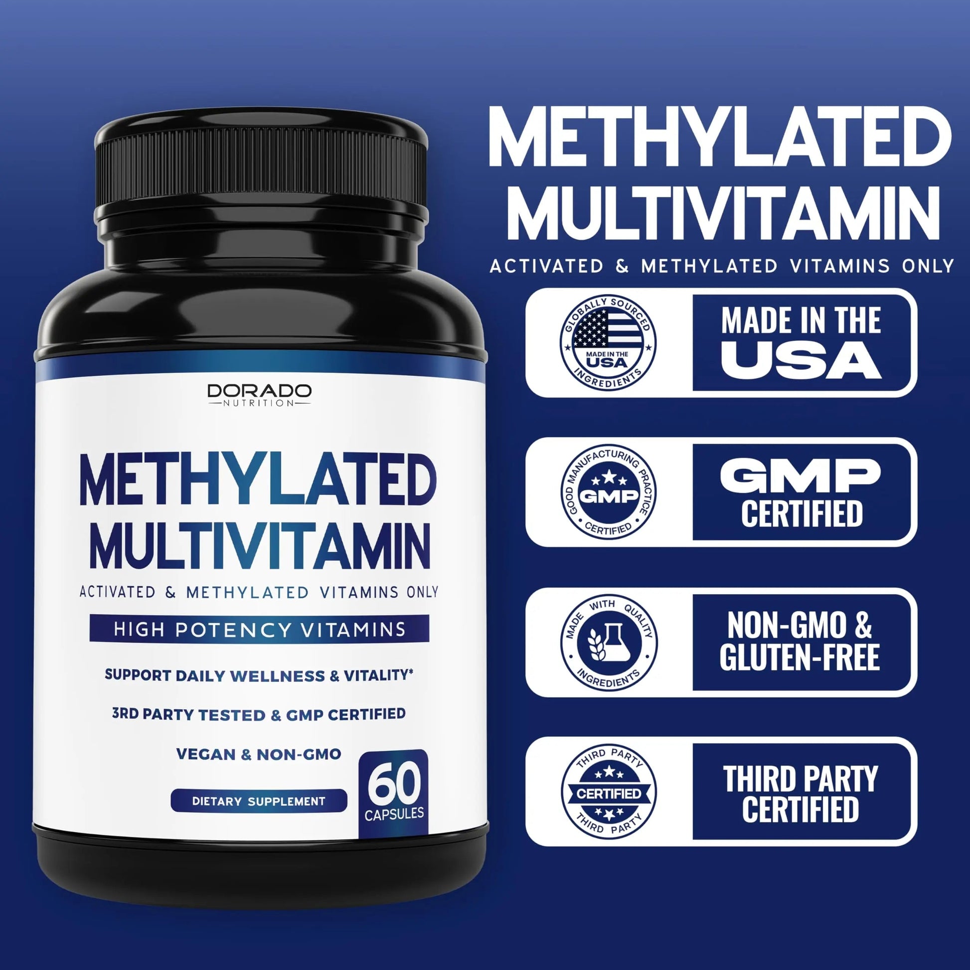 Methylated Multivitamin (Methylated and Activated Vitamins Only - Methylated B Complex with Trimethylglycine (TMG) and Methylfolate) DORADO NUTRITIONBuy Supplements Australia