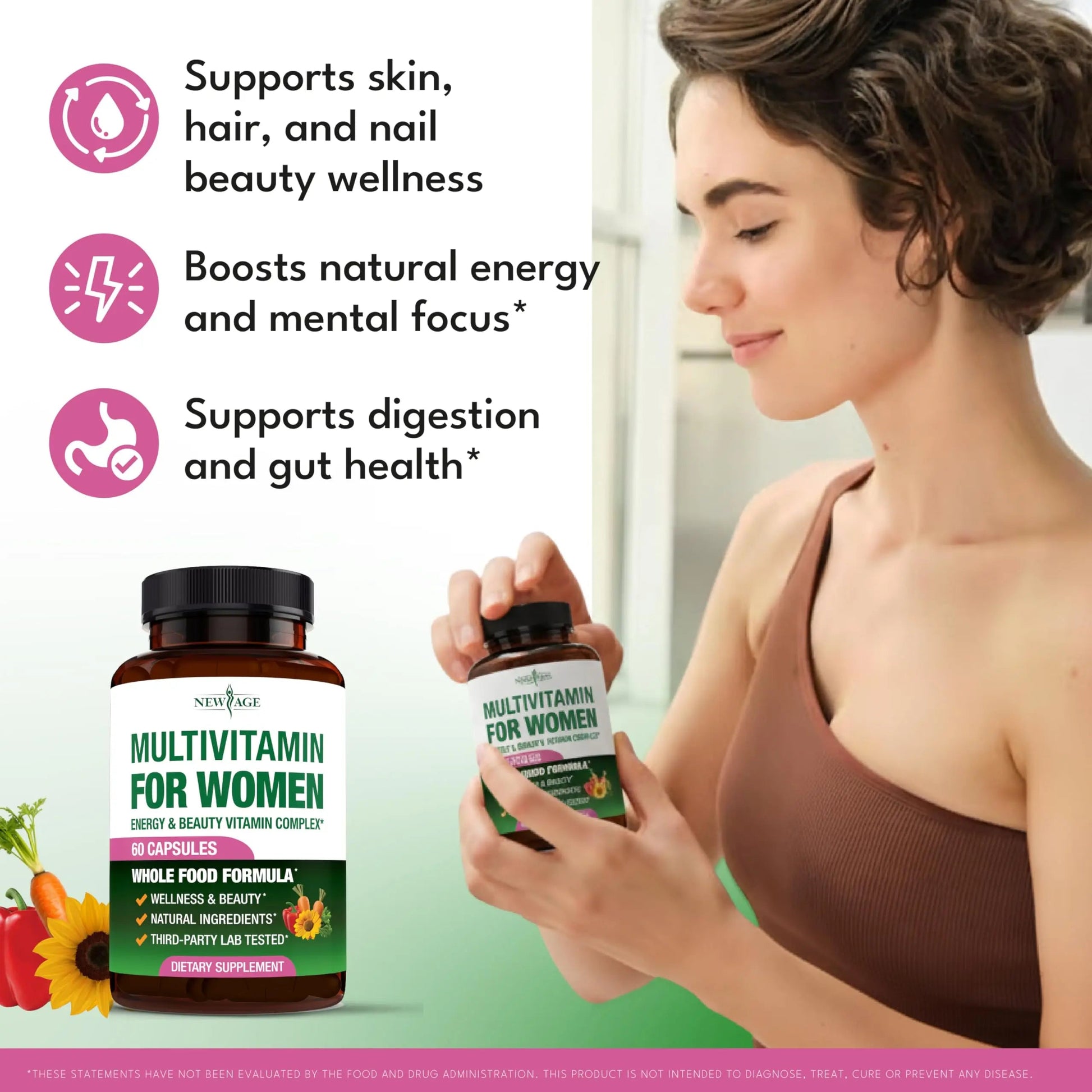 NEW AGE Multivitamin for Women - B-Complex, Whole Foods, Hair Support, Iron - All in1 Womens Multivitamin NEW AGE