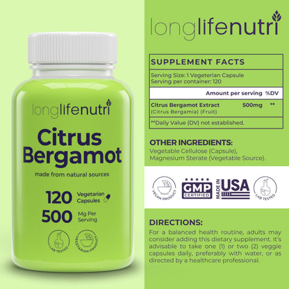 LongLifeNutri Citrus Bergamot Extract 500mg - 120 Vegetarian Capsules, 40% Polyphenolic Flavanones, 4-Month Supply, Plant-Based Anti-Oxidant, Tested, Made in USA LongLifeNutriBuy Supplements Australia