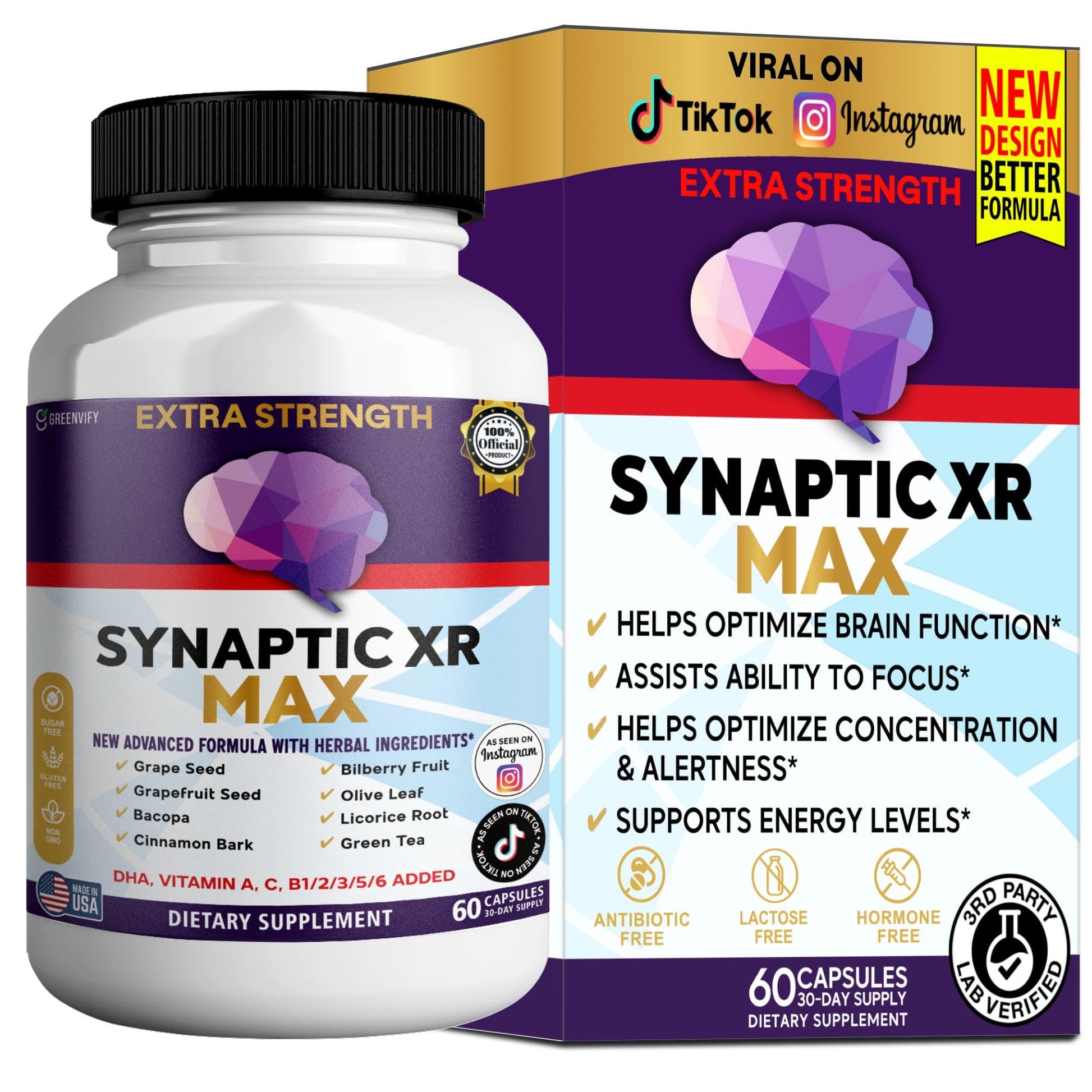 GREENVIFY Synaptic XR Max Extra Strength Brain Support Supplement with Herbal Ingredients, 60 Capsules, DHA Vitamins, Nootropic Formula (1) GREENVIFYBuy Supplements Australia