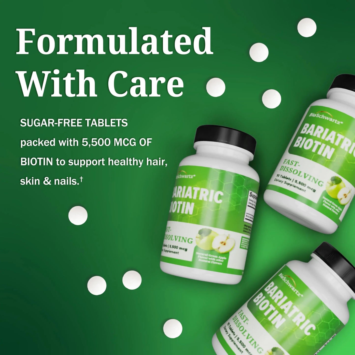 BioSchwartz Bariatric Biotin Chewable Tablets - 5500mcg Biotin per Serving - Green Apple Flavor, 3 Month Supply - Sugar-Free Hair Skin Nails Vitamins BioSchwartz