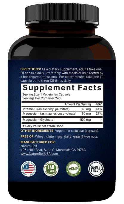 Naturebell Pure Magnesium Glycinate 500mg, 240 Veggie Capsules | 100% Chelated & Purified – 3rd Party Tested, Vegan Friendly, Non-GMO, Fiiler Free NatureBellBuy Supplements Australia
