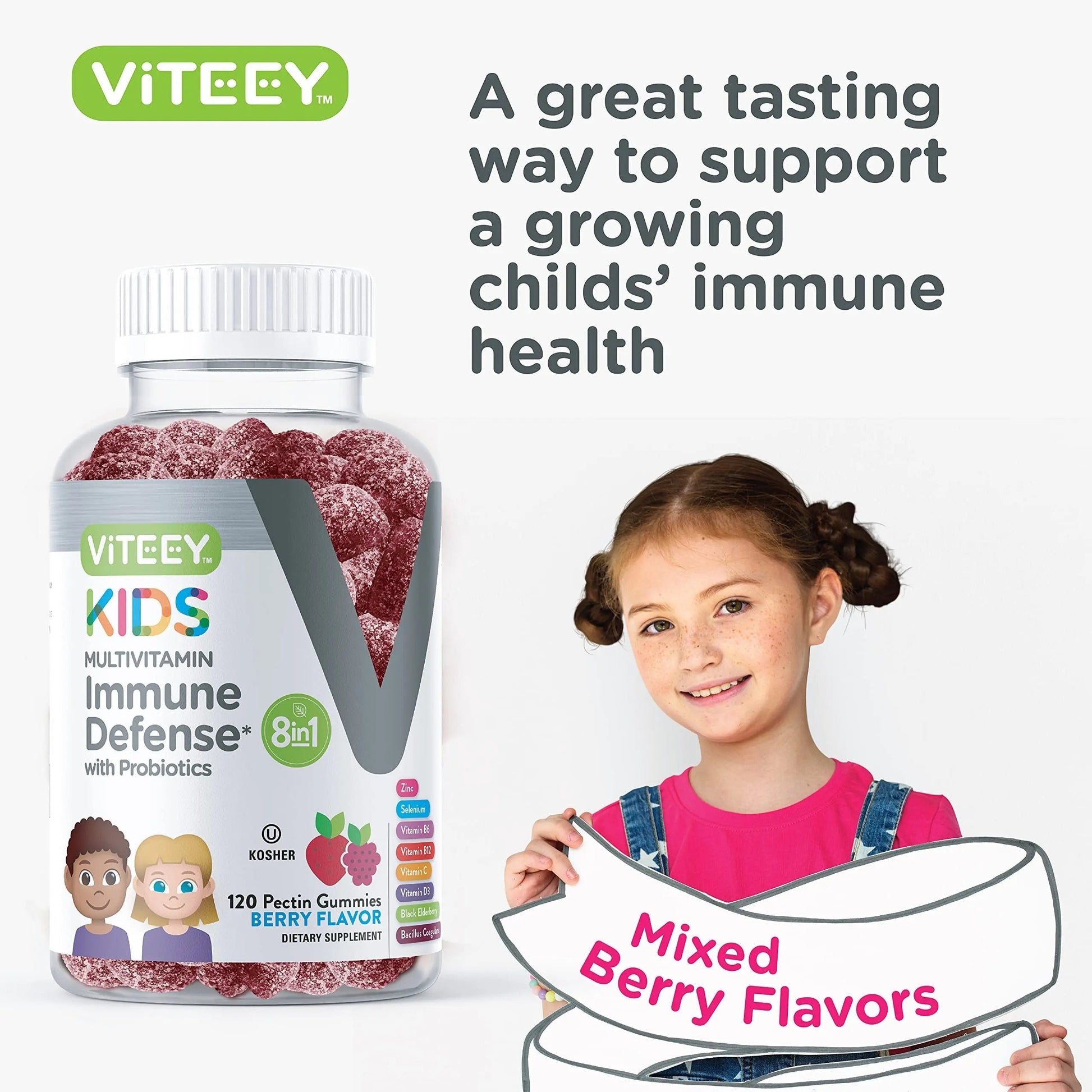 Viteey Kids Multivitamin Gummies with Probiotics - 8-1 Kids Vitamins for Immune Health Support with Vitamin C, D3, B12, B6 Viteey