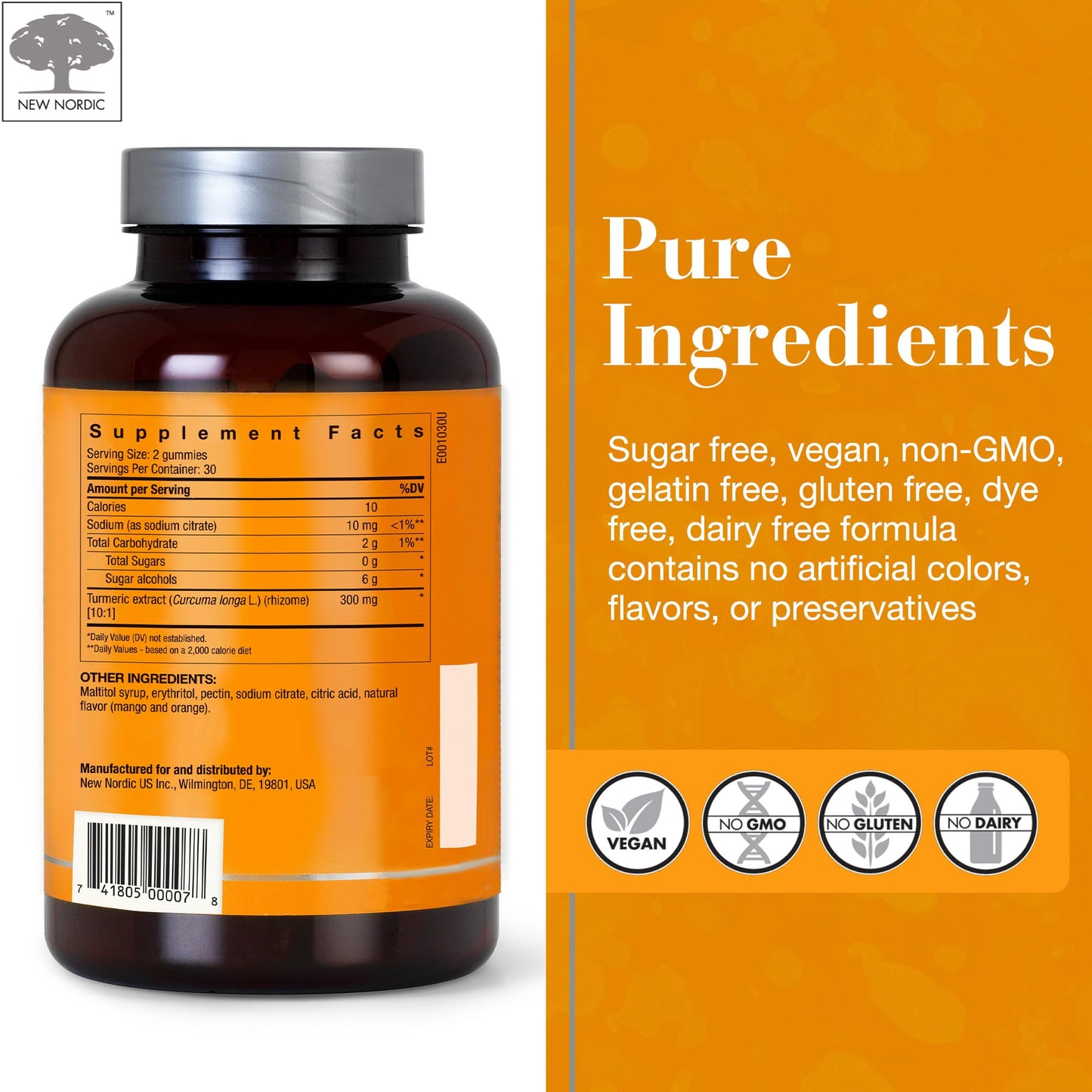 NEW NORDIC Turmeric Curcumin Gummies, Sugar Free, 300 mg Turmeric Supplement for Men and Women, Supports Normally Functioning Joints, Knees, Shoulders, Mango Orange, 60 Count NEW NORDICBuy Supplements Australia