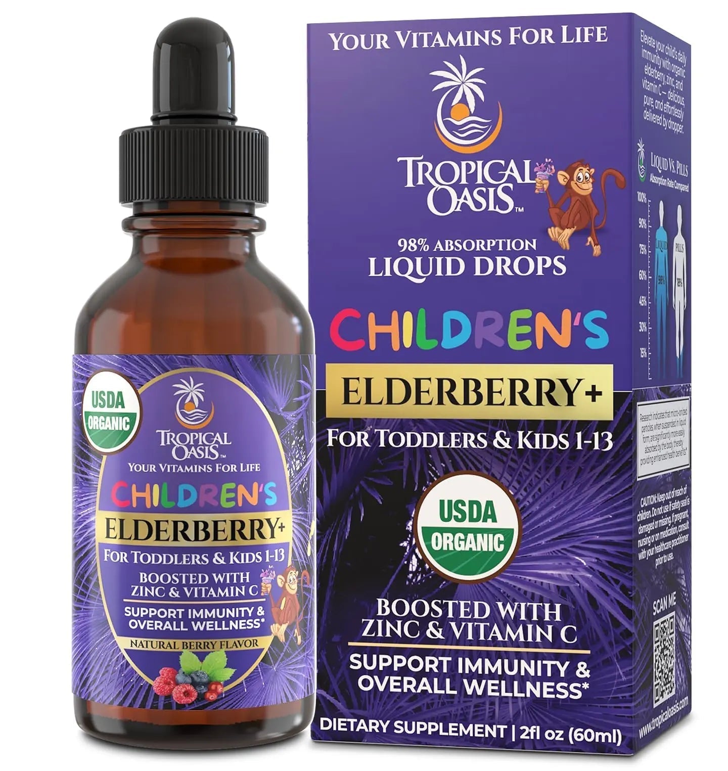 Tropical Oasis USDA Organic Liquid Vitamin Drops with Elderberry, Vitamin C and Zinc for Toddlers & Kids | Sugar Free | Vegan | Non-GMO | 2 Fl Oz Tropical Oasis