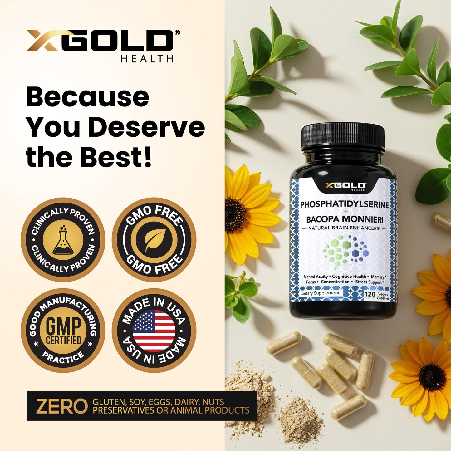 PhosphatidylSerine & Bacopa Monnieri 800 mg 2 in 1 Supplement - Natural Brain Enhancer/Nootropic for Enhanced Focus and Concentration, Memory Support, & Cognitive Function - 120 Vegetarian Capsules X Gold HealthBuy Supplements Australia